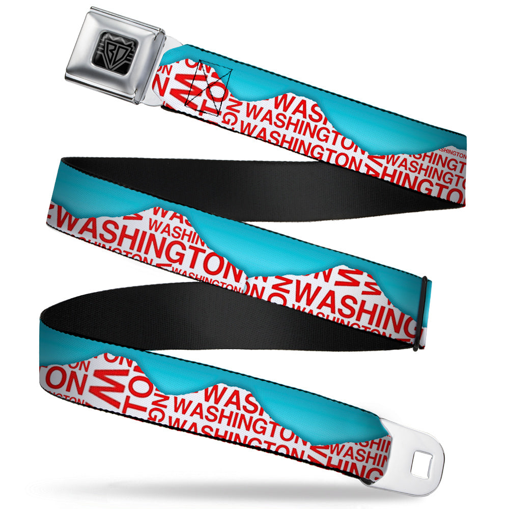 BD Wings Logo CLOSE-UP Full Color Black Silver Seatbelt Belt - WASHINGTON Mountain Range Turquoise/White/Red Webbing Seatbelt Belts Buckle-Down