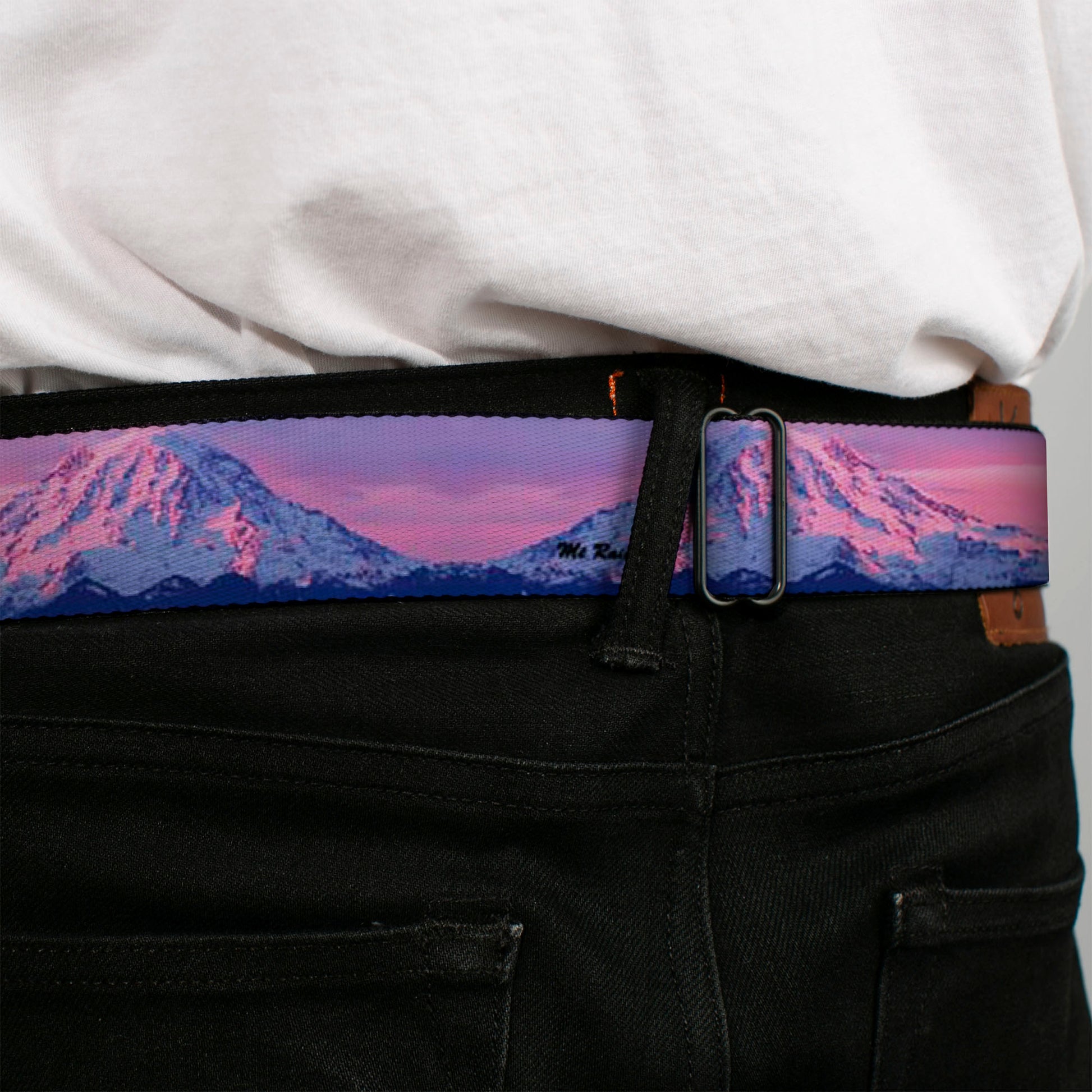 BD Wings Logo CLOSE-UP Full Color Black Silver Seatbelt Belt - Washington MT. RAINIER Sunset Landscape Webbing Seatbelt Belts Buckle-Down
