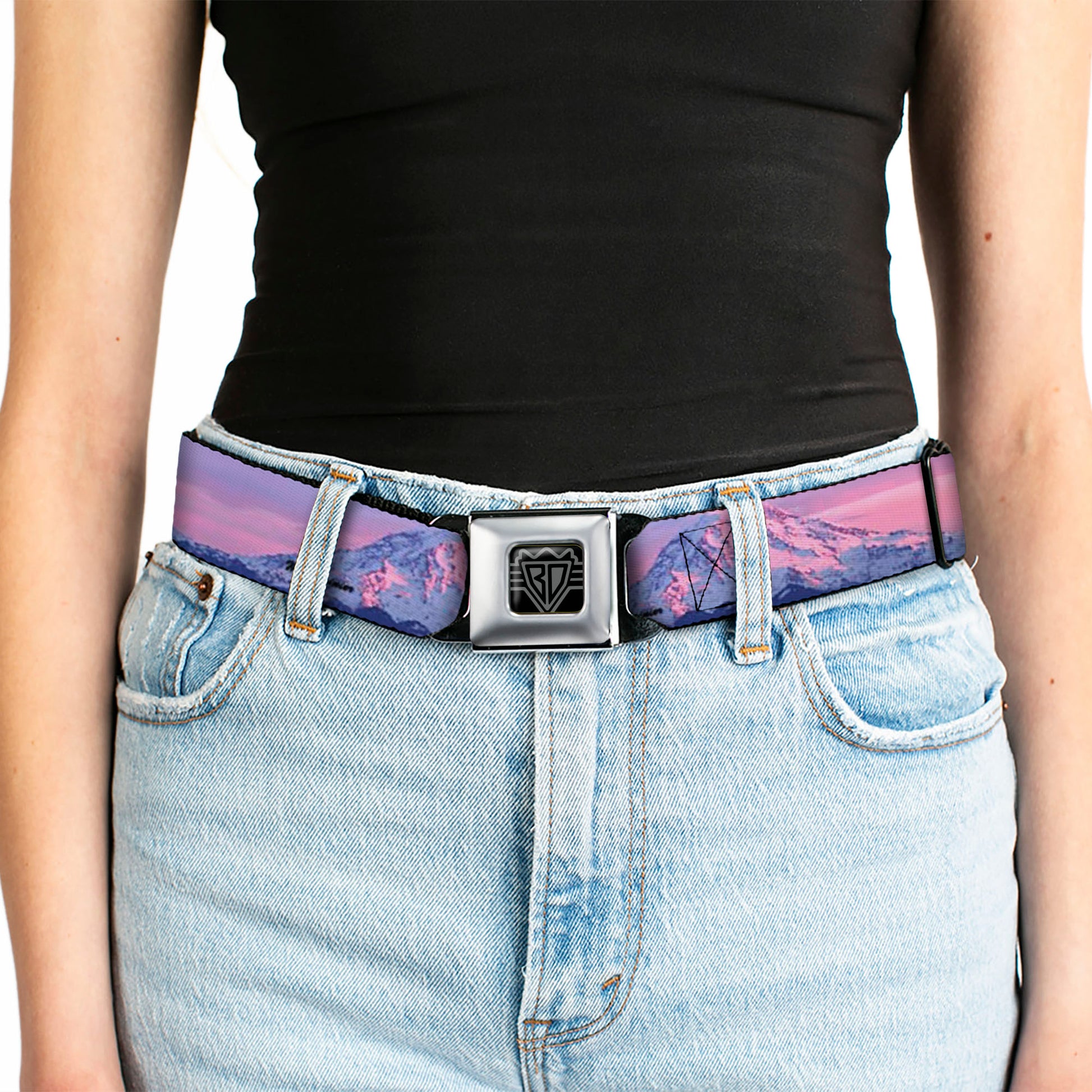 BD Wings Logo CLOSE-UP Full Color Black Silver Seatbelt Belt - Washington MT. RAINIER Sunset Landscape Webbing Seatbelt Belts Buckle-Down