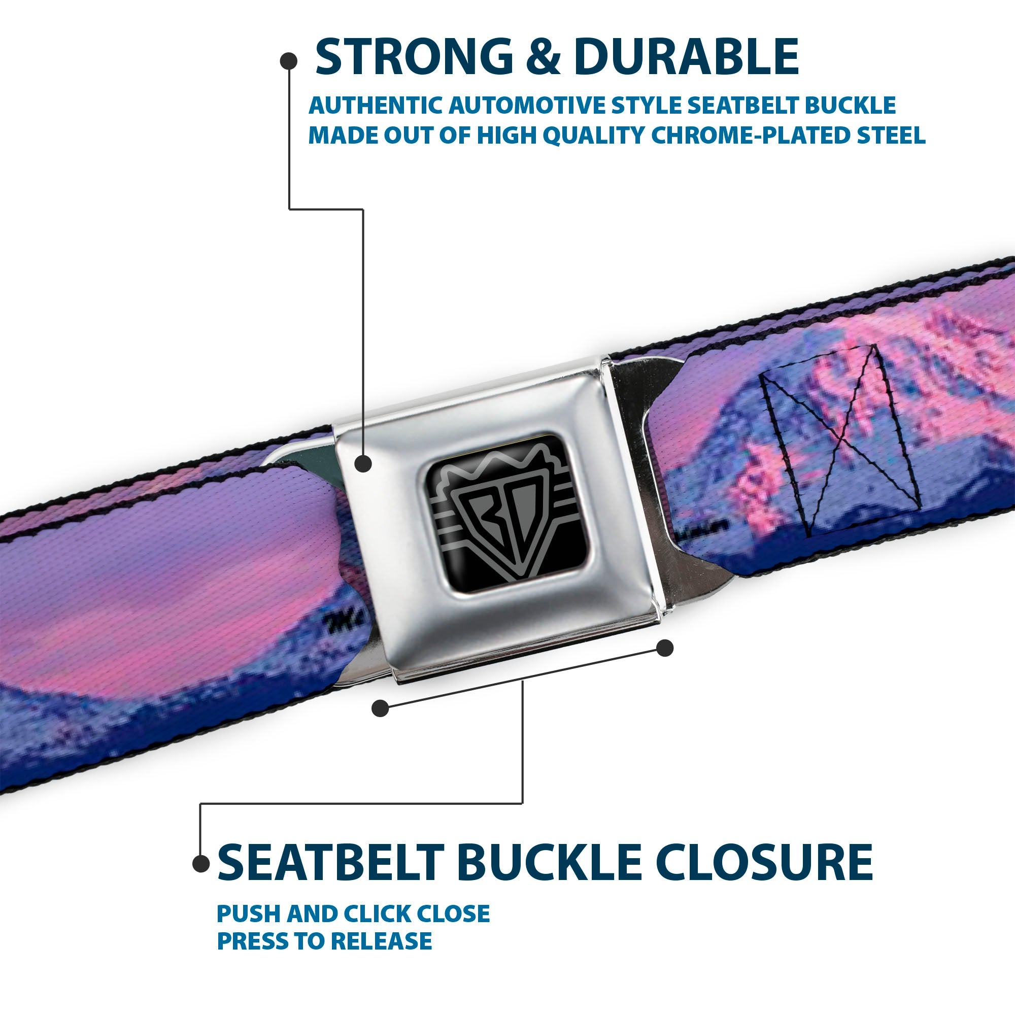 BD Wings Logo CLOSE-UP Full Color Black Silver Seatbelt Belt - Washington MT. RAINIER Sunset Landscape Webbing Seatbelt Belts Buckle-Down