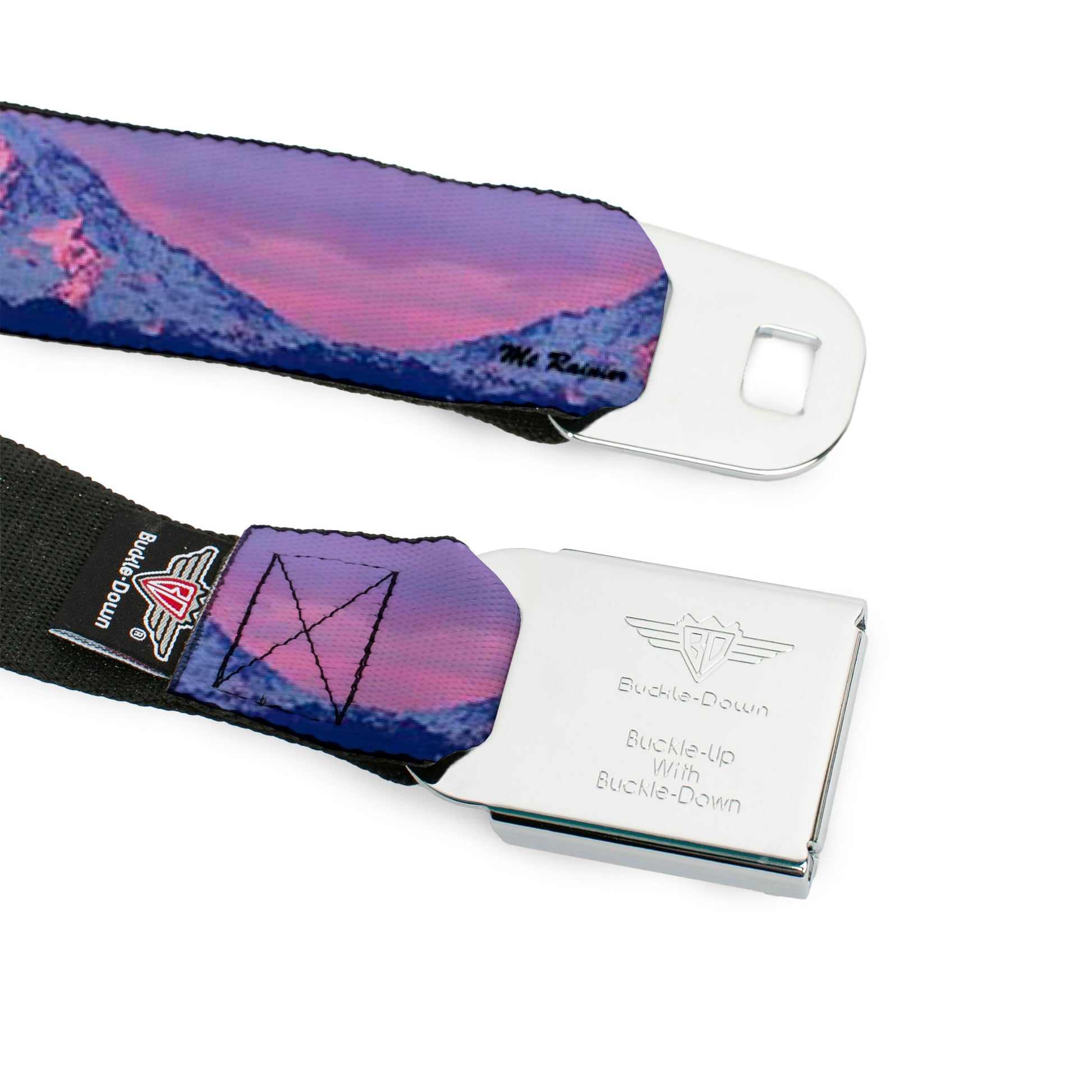 BD Wings Logo CLOSE-UP Full Color Black Silver Seatbelt Belt - Washington MT. RAINIER Sunset Landscape Webbing Seatbelt Belts Buckle-Down