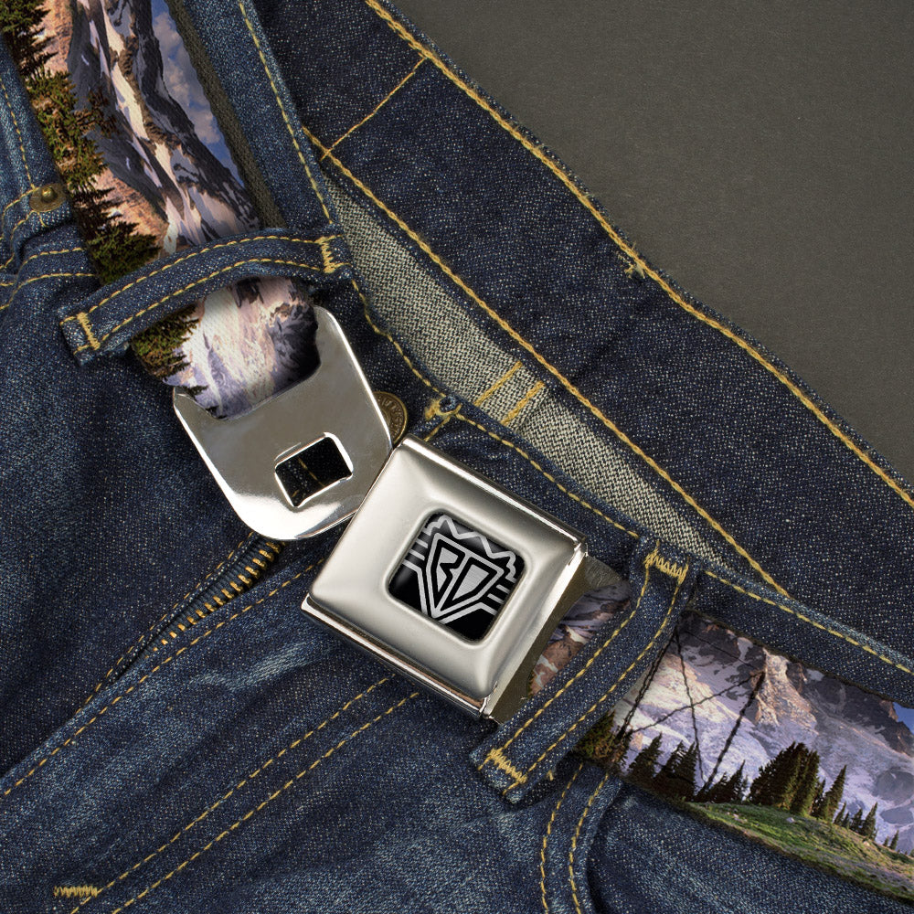 BD Wings Logo CLOSE-UP Full Color Black Silver Seatbelt Belt - Washington MT. RAINIER Valley Landscape Webbing Seatbelt Belts Buckle-Down