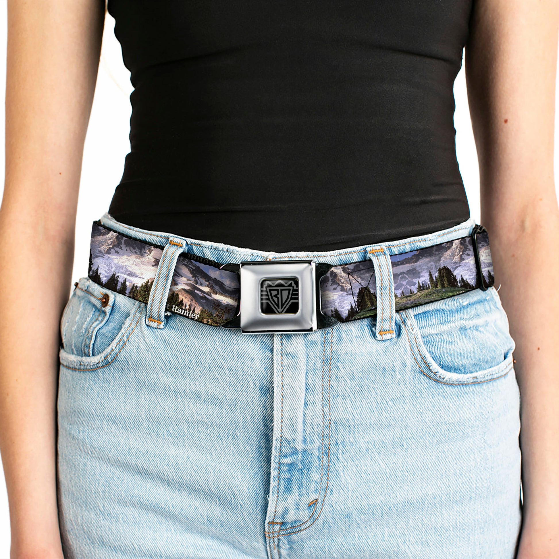 BD Wings Logo CLOSE-UP Full Color Black Silver Seatbelt Belt - Washington MT. RAINIER Valley Landscape Webbing Seatbelt Belts Buckle-Down