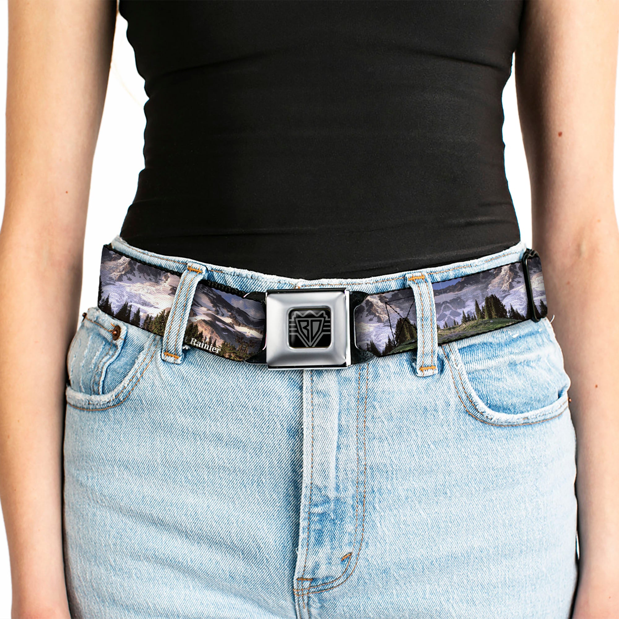 BD Wings Logo CLOSE-UP Full Color Black Silver Seatbelt Belt - Washington MT. RAINIER Valley Landscape Webbing Seatbelt Belts Buckle-Down