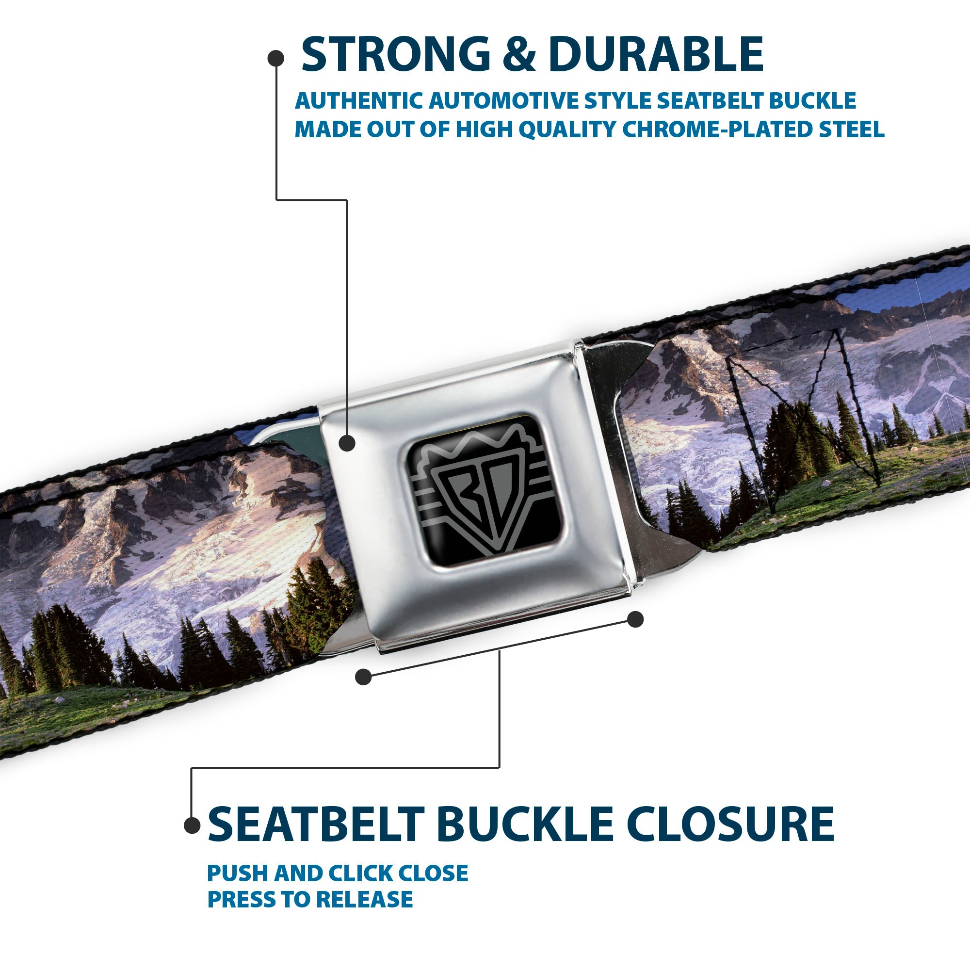 BD Wings Logo CLOSE-UP Full Color Black Silver Seatbelt Belt - Washington MT. RAINIER Valley Landscape Webbing Seatbelt Belts Buckle-Down