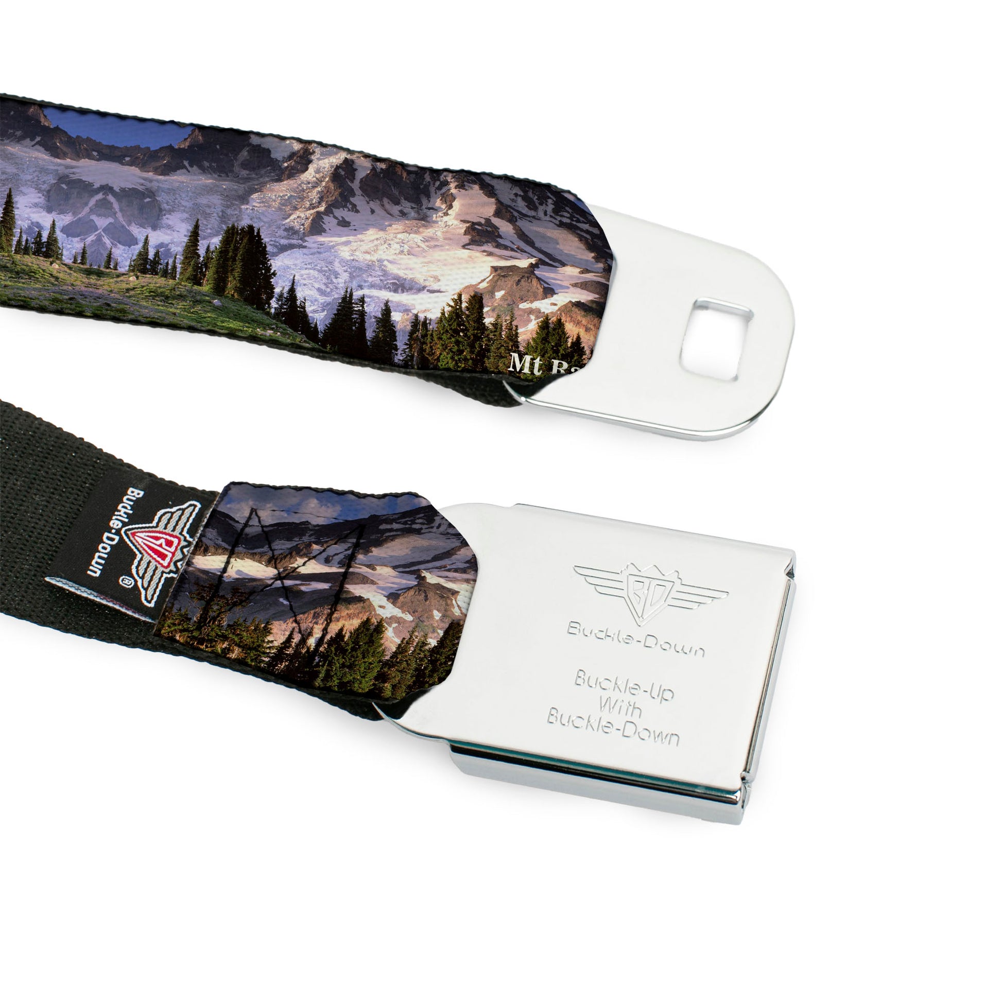 BD Wings Logo CLOSE-UP Full Color Black Silver Seatbelt Belt - Washington MT. RAINIER Valley Landscape Webbing Seatbelt Belts Buckle-Down