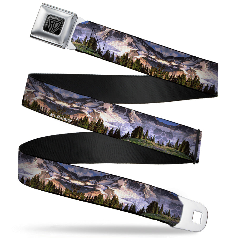 BD Wings Logo CLOSE-UP Full Color Black Silver Seatbelt Belt - Washington MT. RAINIER Valley Landscape Webbing Seatbelt Belts Buckle-Down