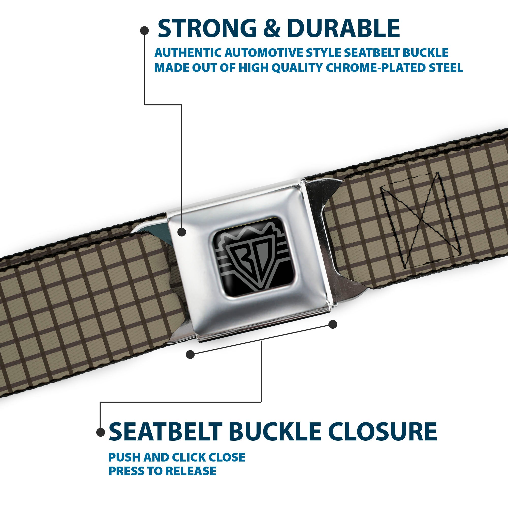 BD Wings Logo CLOSE-UP Full Color Black Silver Seatbelt Belt - Wire Grid Tan/Brown Webbing Seatbelt Belts Buckle-Down