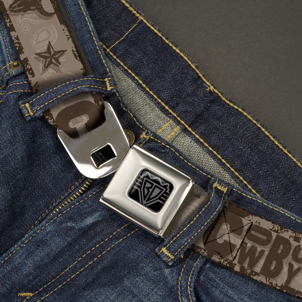 BD Wings Logo CLOSE-UP Black/Silver Seatbelt Belt - Western COWBOY Icons Collage Tan/Browns Webbing Seatbelt Belts Buckle-Down