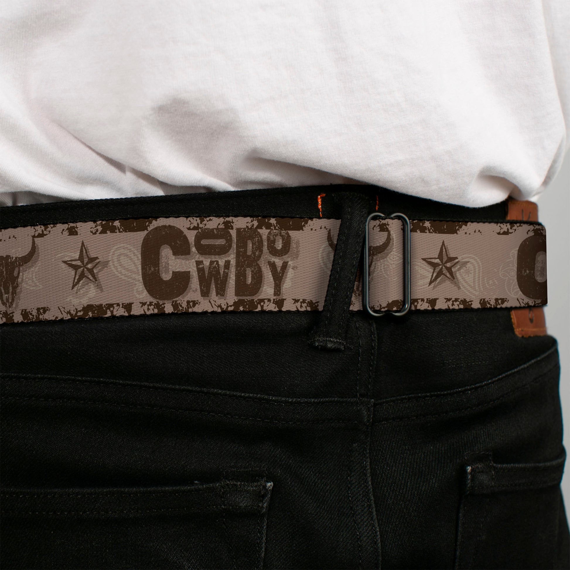 BD Wings Logo CLOSE-UP Black/Silver Seatbelt Belt - Western COWBOY Icons Collage Tan/Browns Webbing Seatbelt Belts Buckle-Down