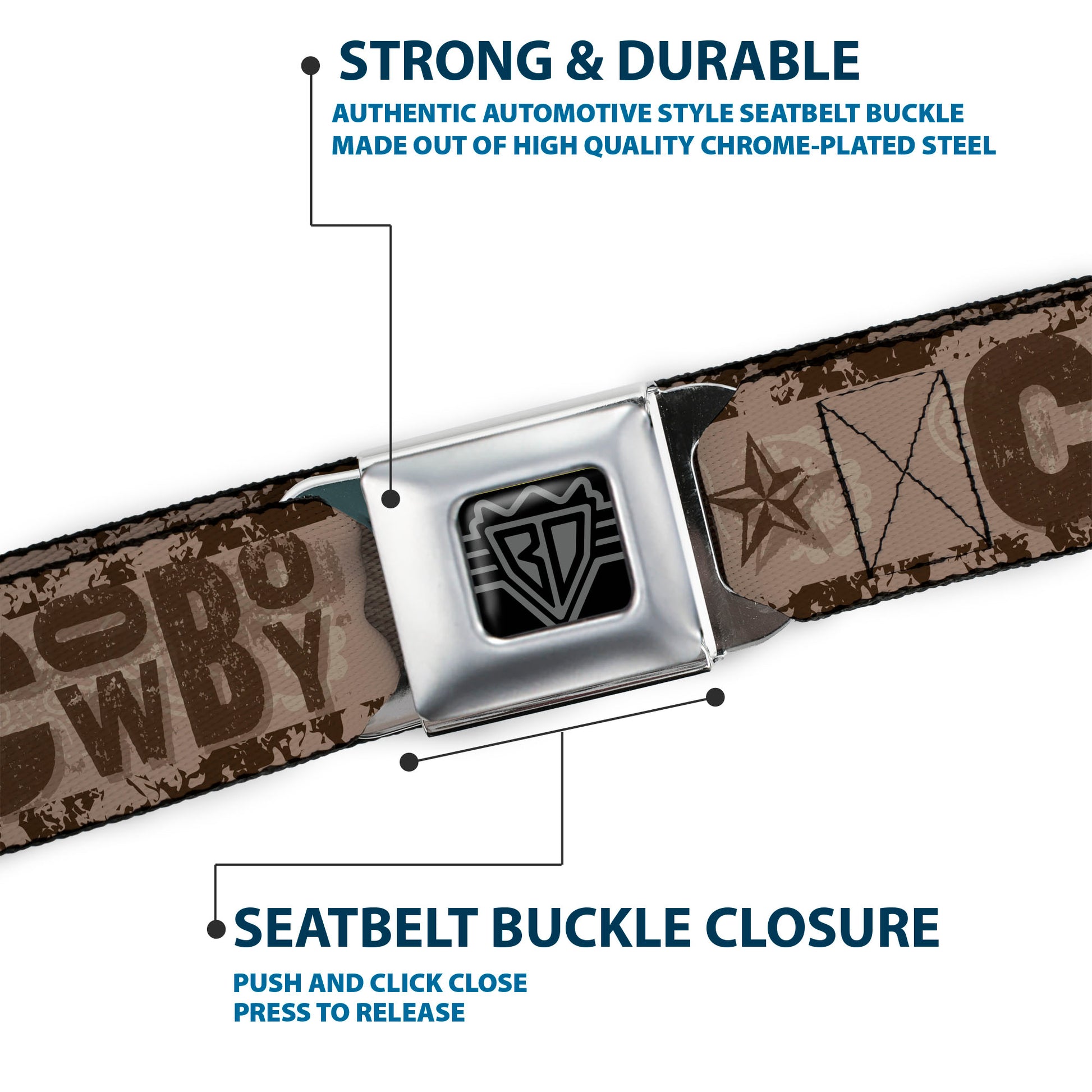 BD Wings Logo CLOSE-UP Black/Silver Seatbelt Belt - Western COWBOY Icons Collage Tan/Browns Webbing Seatbelt Belts Buckle-Down