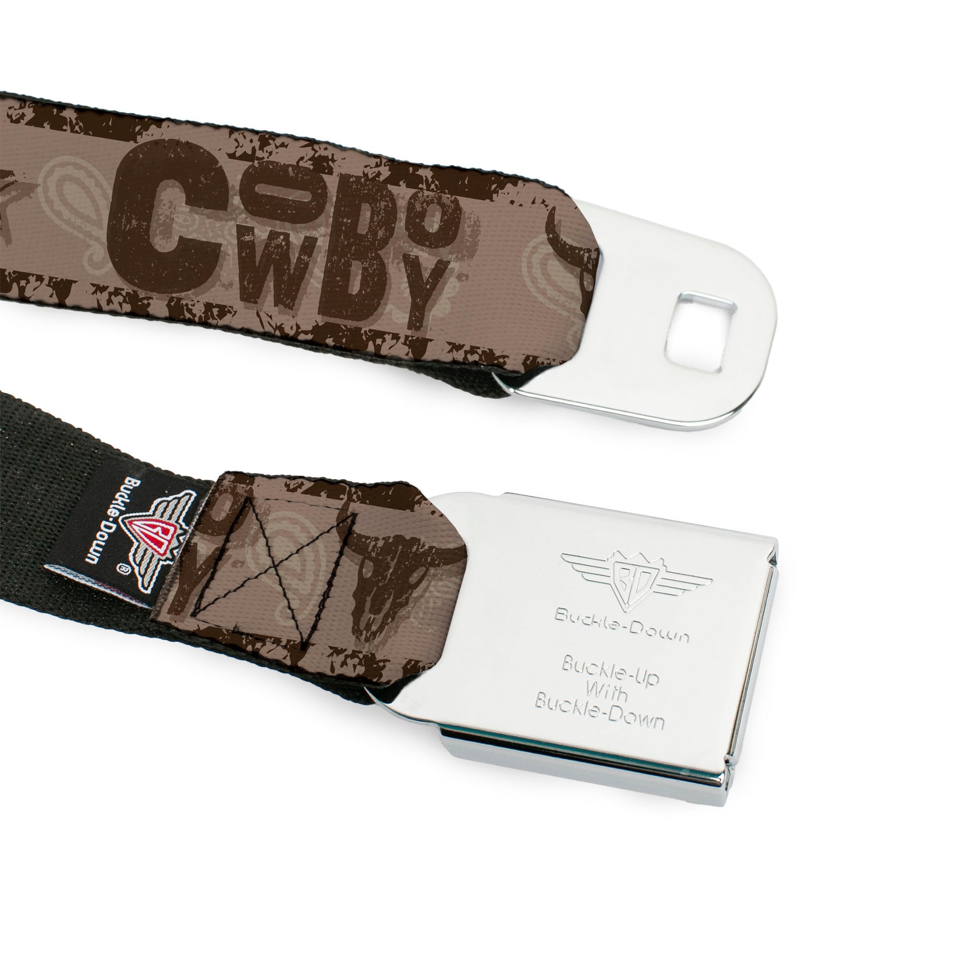 BD Wings Logo CLOSE-UP Black/Silver Seatbelt Belt - Western COWBOY Icons Collage Tan/Browns Webbing Seatbelt Belts Buckle-Down