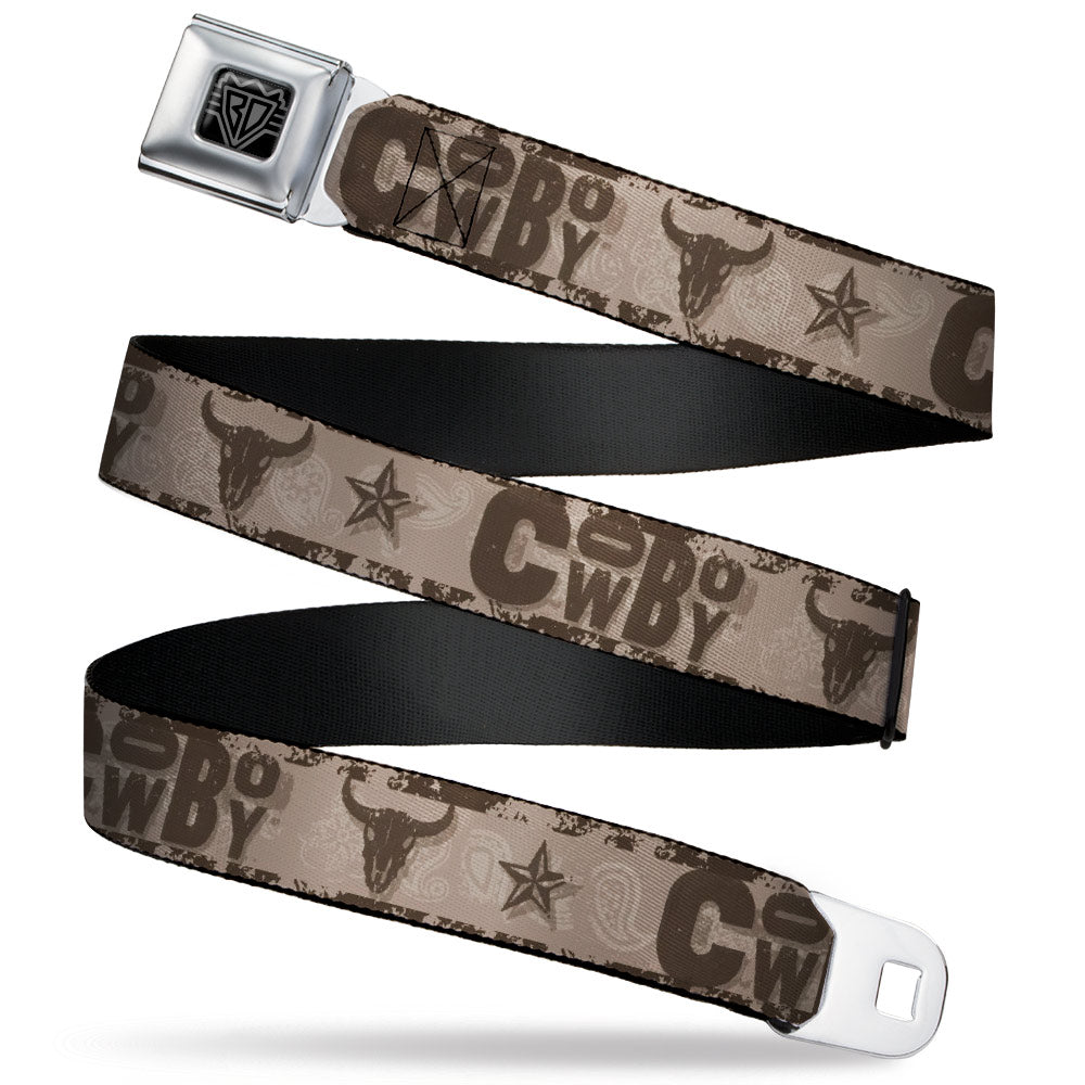BD Wings Logo CLOSE-UP Black/Silver Seatbelt Belt - Western COWBOY Icons Collage Tan/Browns Webbing Seatbelt Belts Buckle-Down