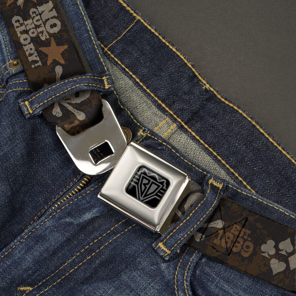 BD Wings Logo CLOSE-UP Black/Silver Seatbelt Belt - Western NO GUTS NO GLORY Skull and Crossbones Browns/Gray Webbing Seatbelt Belts Buckle-Down