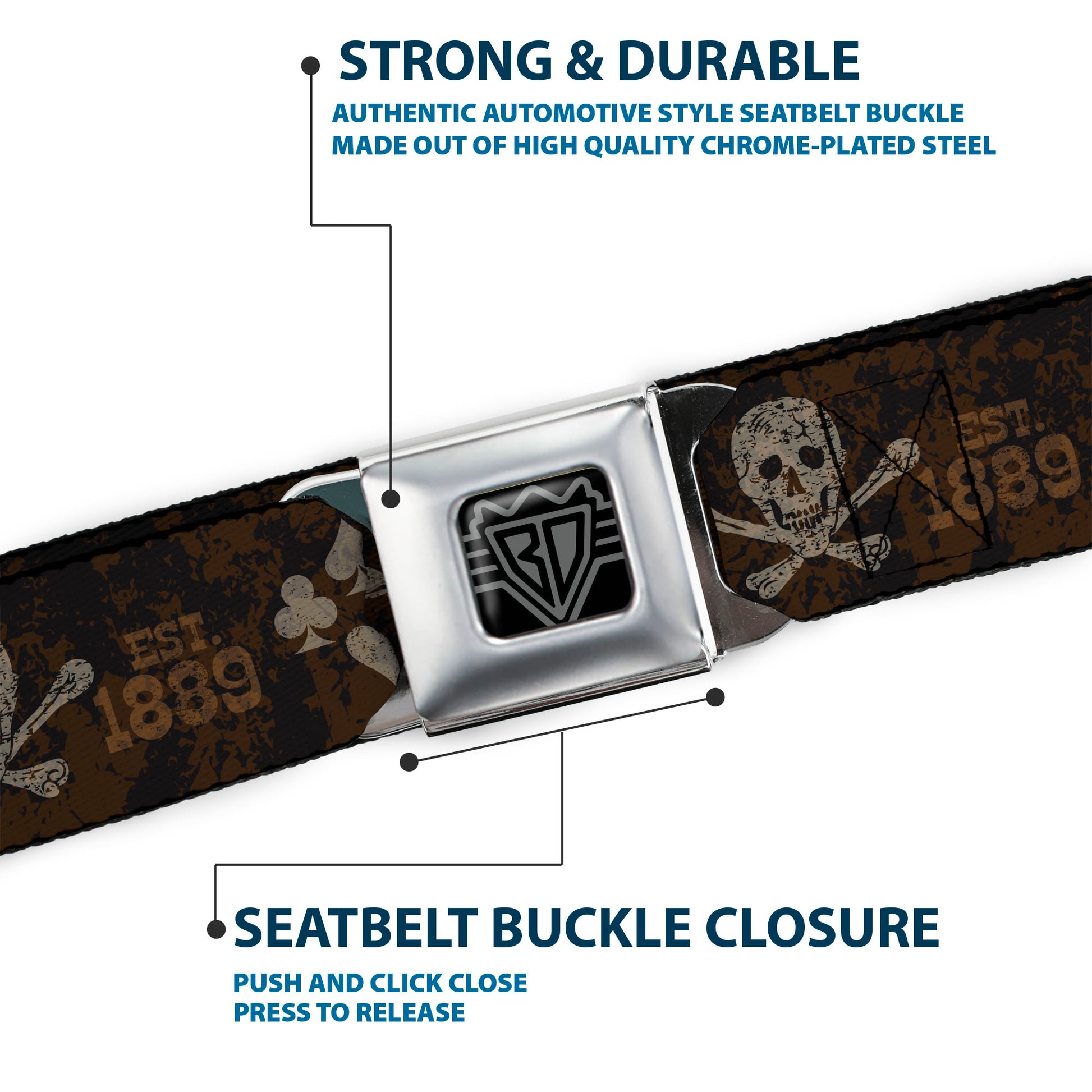 BD Wings Logo CLOSE-UP Black/Silver Seatbelt Belt - Western NO GUTS NO GLORY Skull and Crossbones Browns/Gray Webbing Seatbelt Belts Buckle-Down