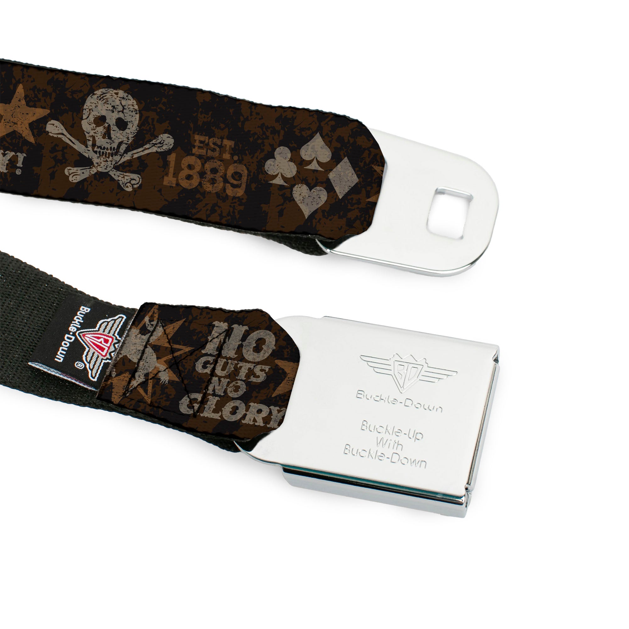 BD Wings Logo CLOSE-UP Black/Silver Seatbelt Belt - Western NO GUTS NO GLORY Skull and Crossbones Browns/Gray Webbing Seatbelt Belts Buckle-Down