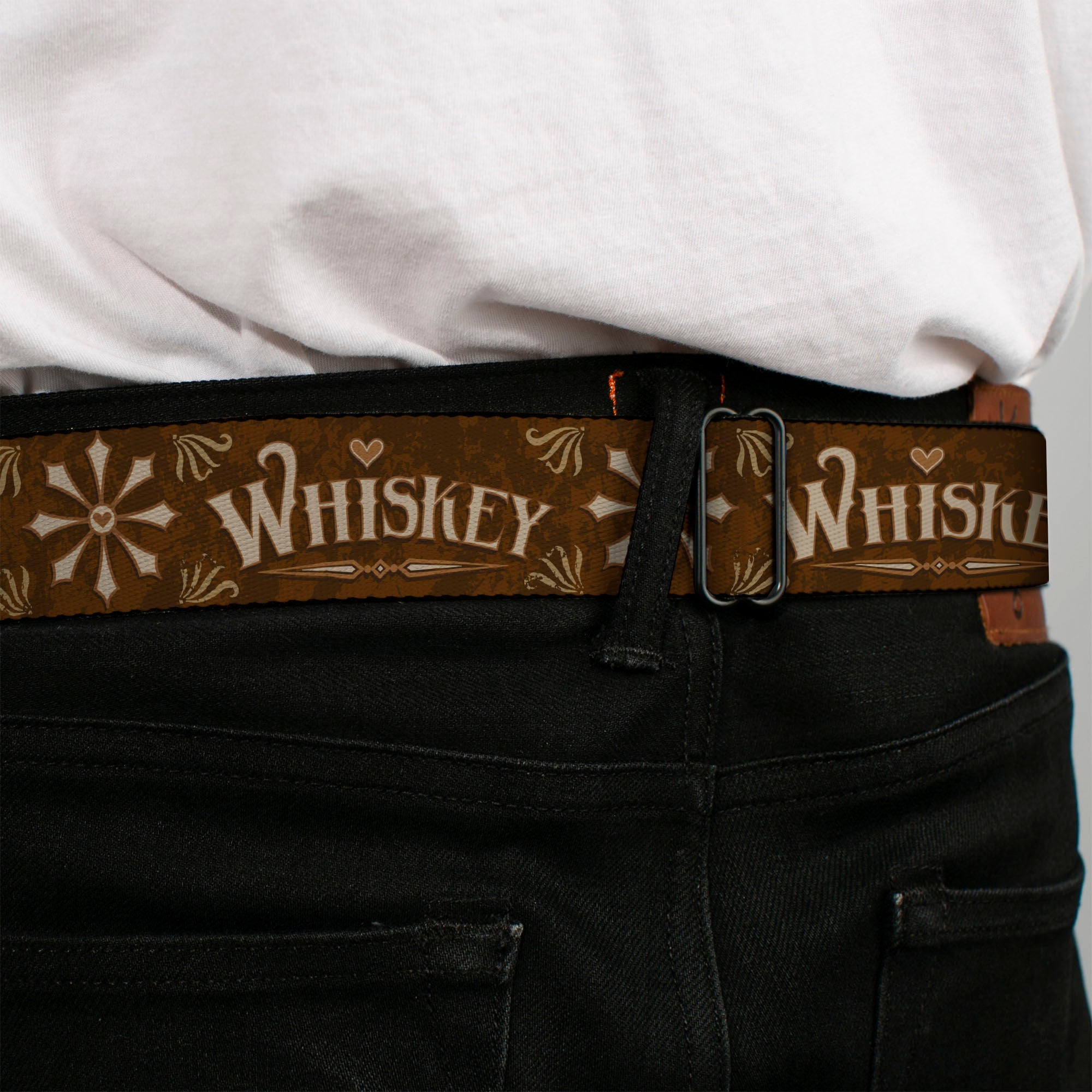 BD Wings Logo CLOSE-UP Black/Silver Seatbelt Belt - Western WHISKEY Heart Repeat Browns/Tan Webbing Seatbelt Belts Buckle-Down