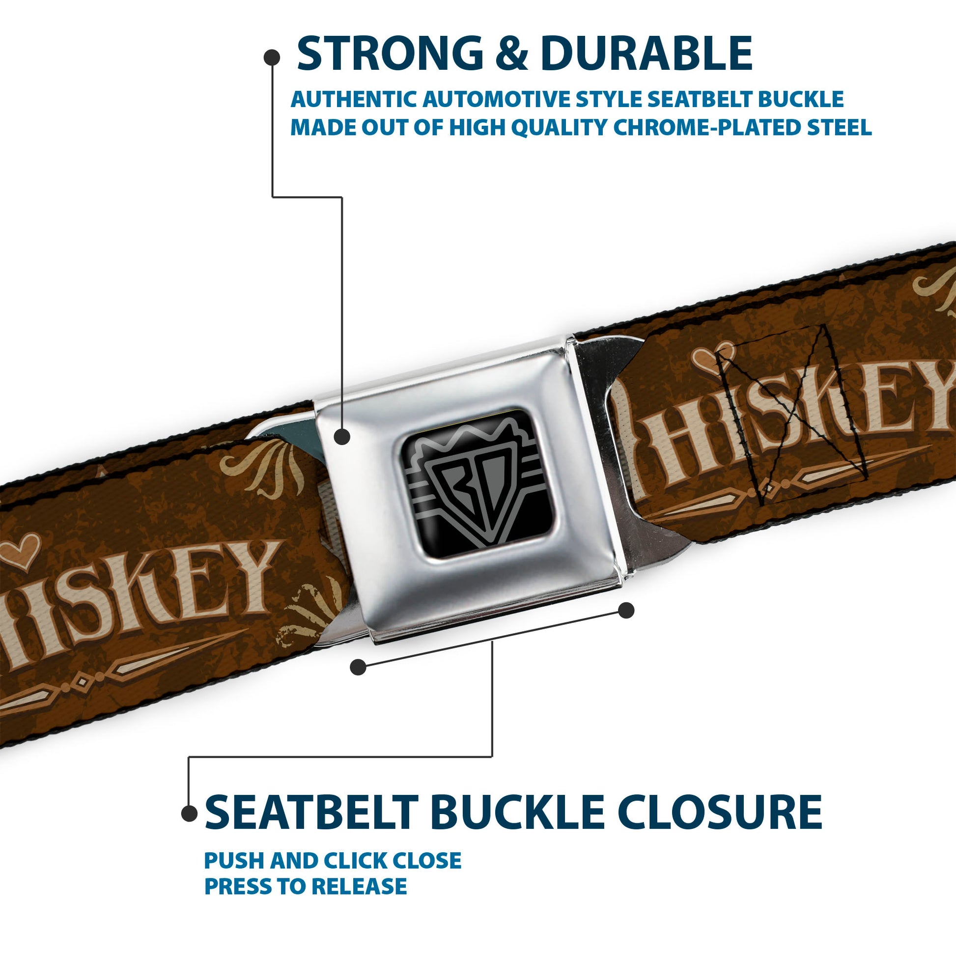 BD Wings Logo CLOSE-UP Black/Silver Seatbelt Belt - Western WHISKEY Heart Repeat Browns/Tan Webbing Seatbelt Belts Buckle-Down