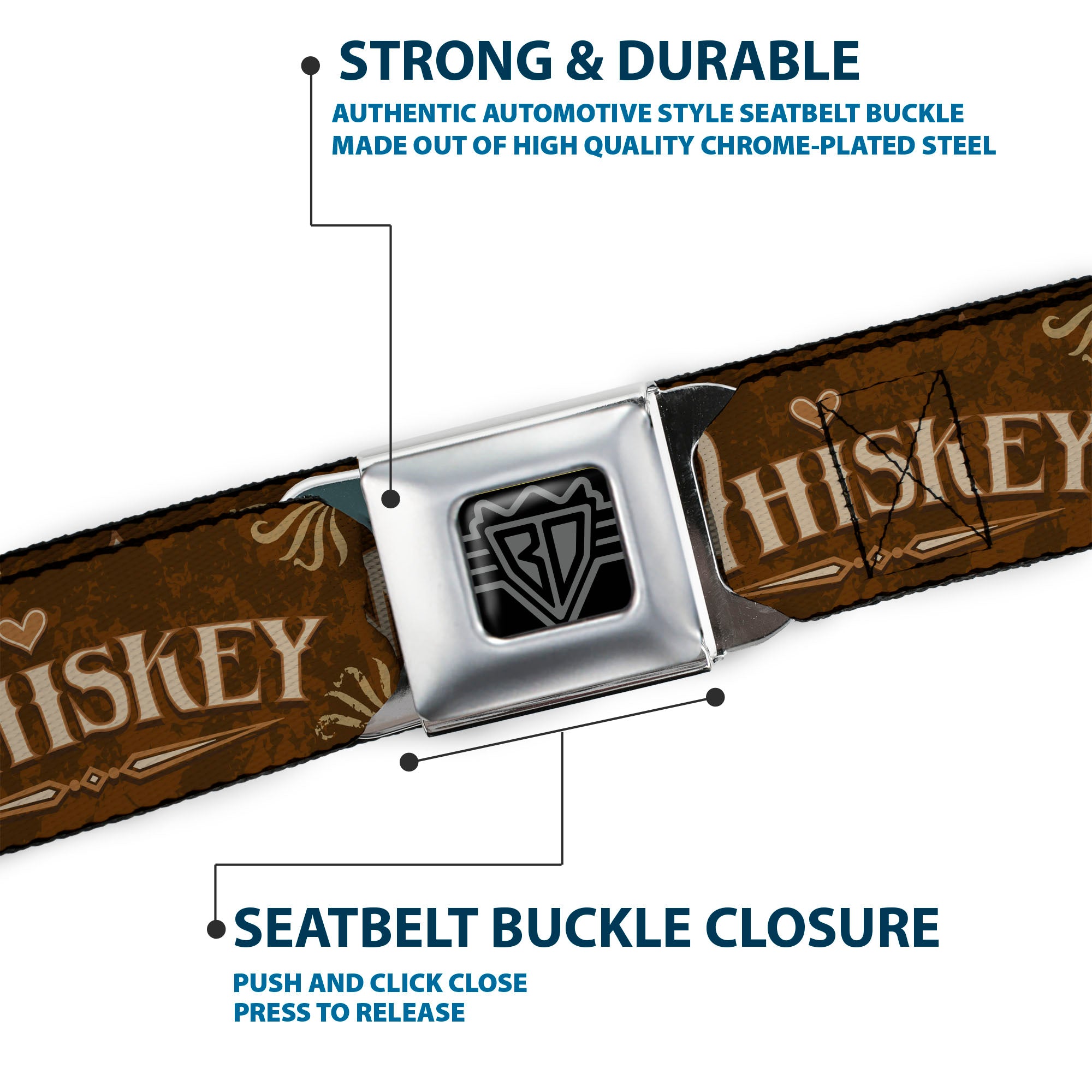 BD Wings Logo CLOSE-UP Black/Silver Seatbelt Belt - Western WHISKEY Heart Repeat Browns/Tan Webbing Seatbelt Belts Buckle-Down