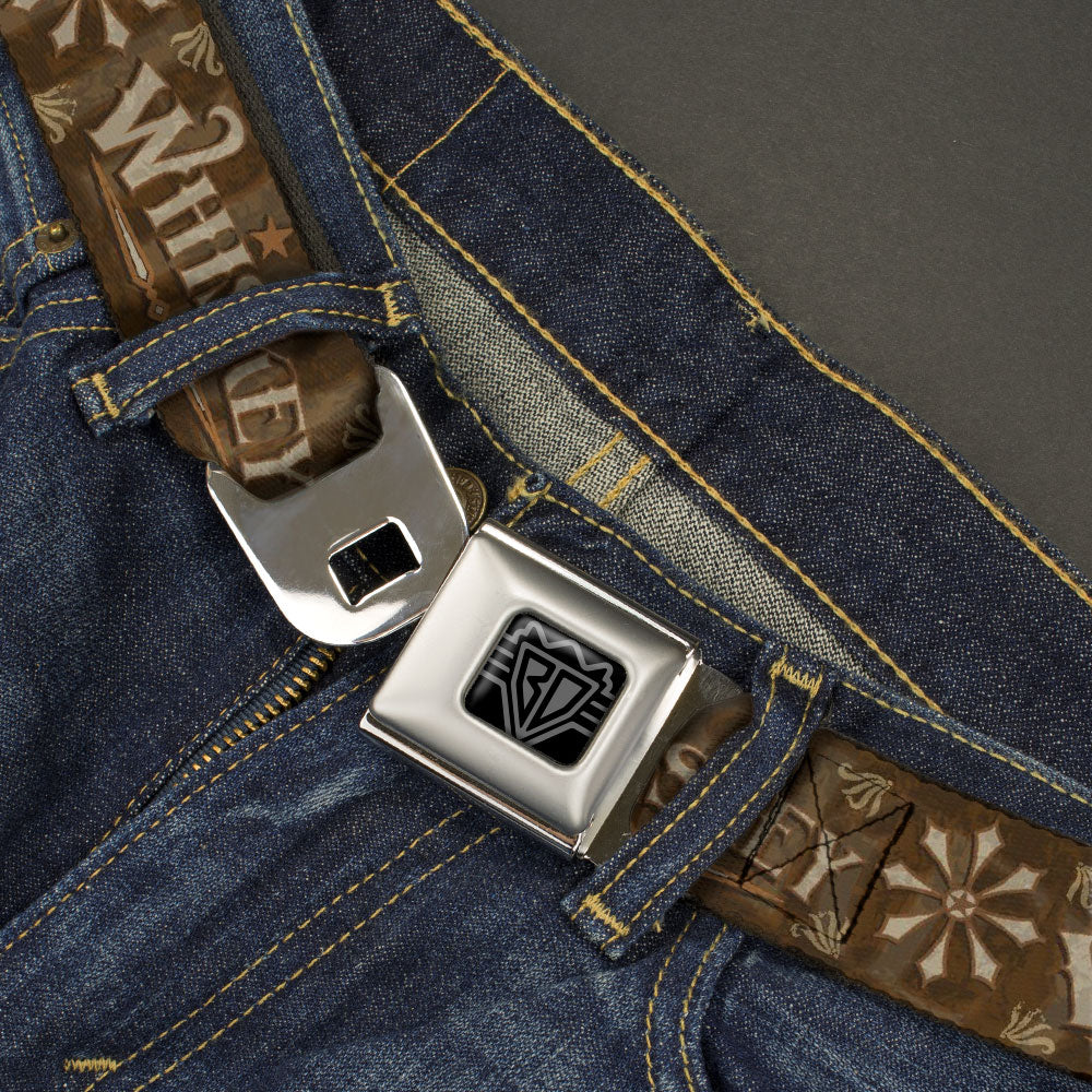 BD Wings Logo CLOSE-UP Black/Silver Seatbelt Belt - Western WHISKEY Star with Text Shadow Repeat Browns/Tan Webbing Seatbelt Belts Buckle-Down