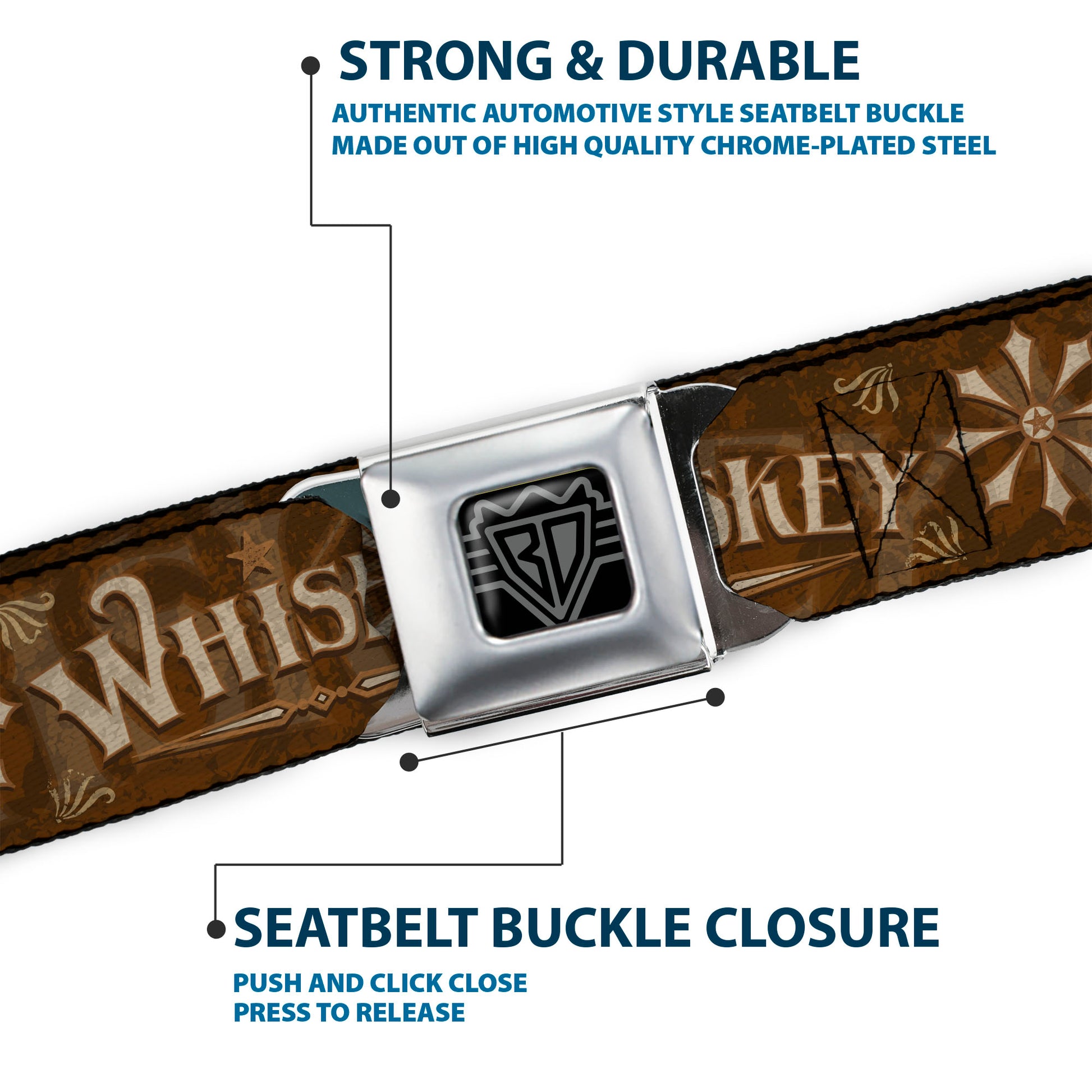 BD Wings Logo CLOSE-UP Black/Silver Seatbelt Belt - Western WHISKEY Star with Text Shadow Repeat Browns/Tan Webbing Seatbelt Belts Buckle-Down