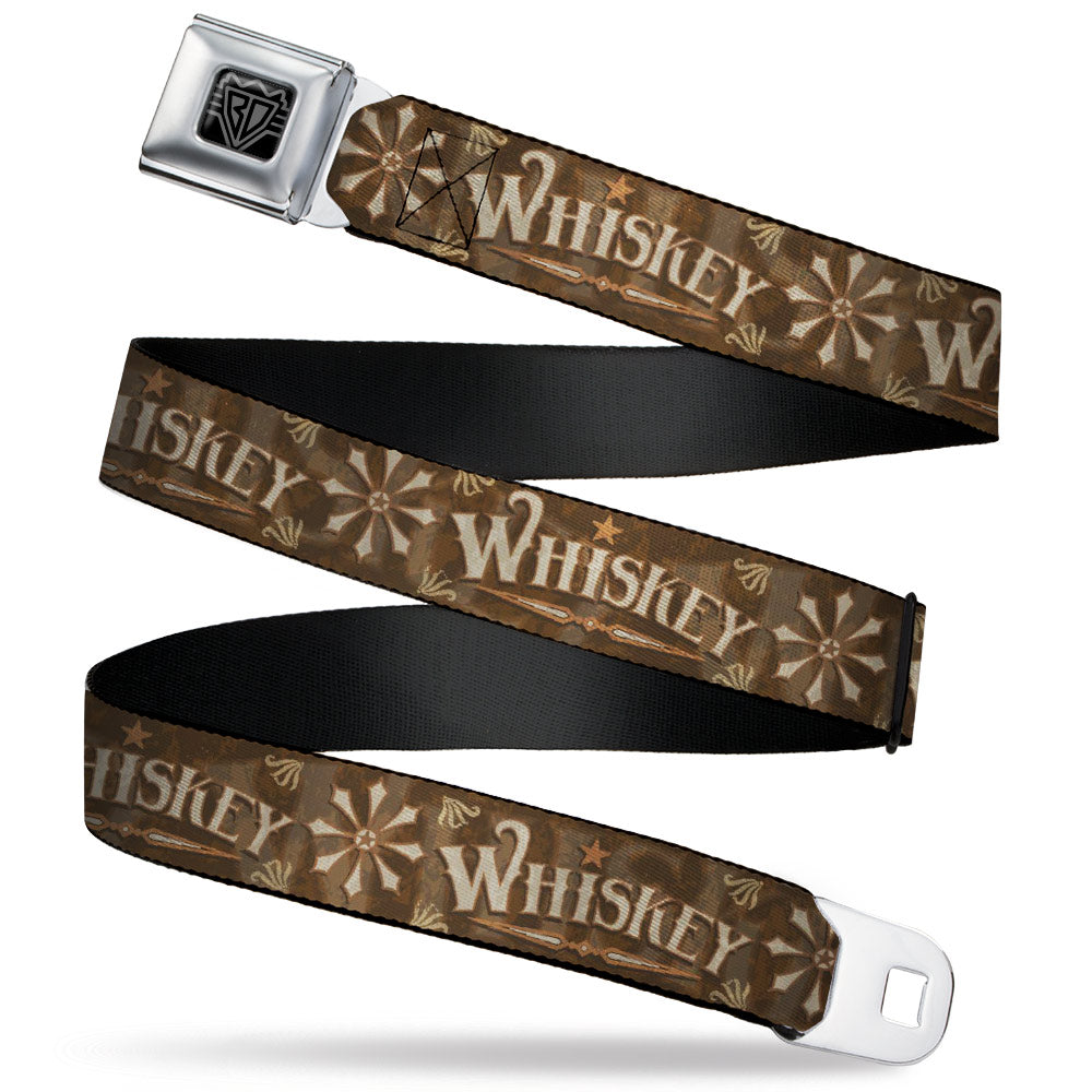 BD Wings Logo CLOSE-UP Black/Silver Seatbelt Belt - Western WHISKEY Star with Text Shadow Repeat Browns/Tan Webbing Seatbelt Belts Buckle-Down