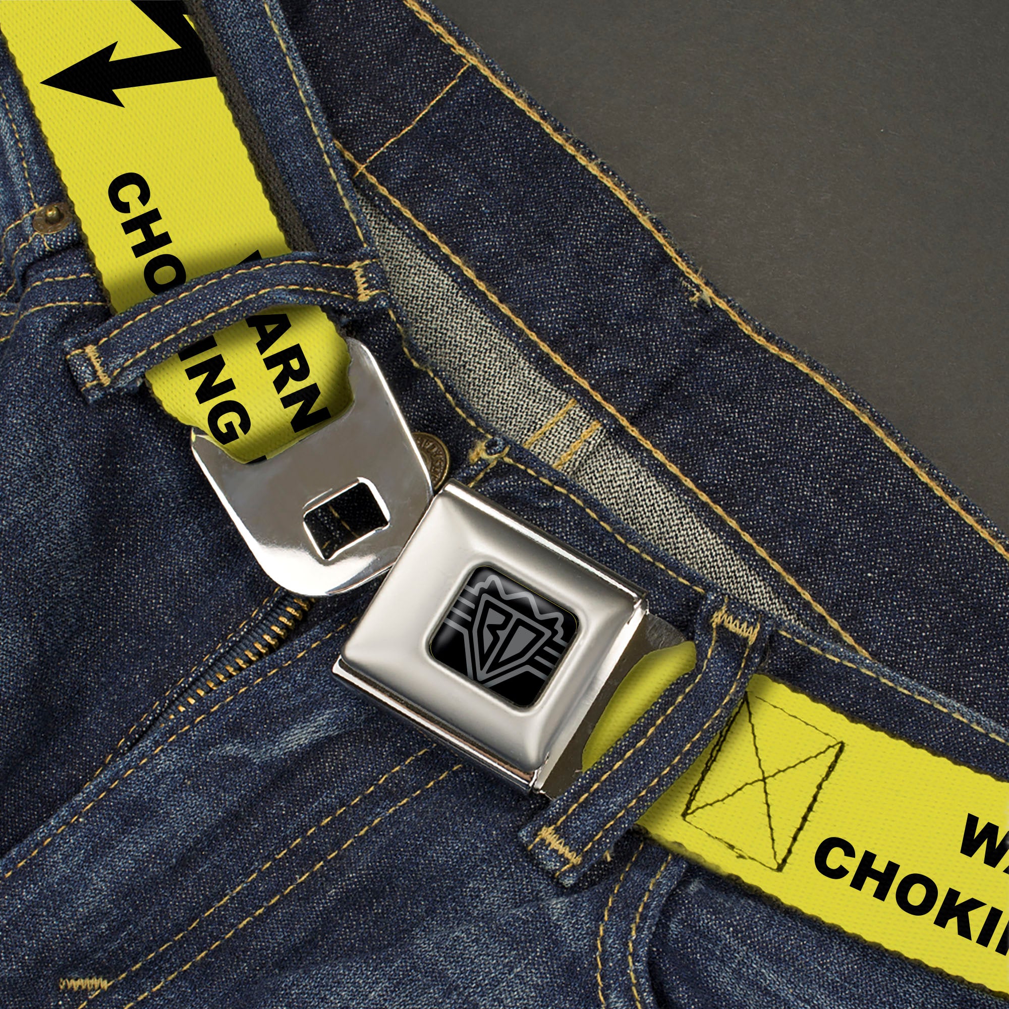 BD Wings Logo CLOSE-UP Black/Silver Seatbelt Belt - WARNING: CHOKING HAZARD Text Yellow/Black Webbing Seatbelt Belts Buckle-Down