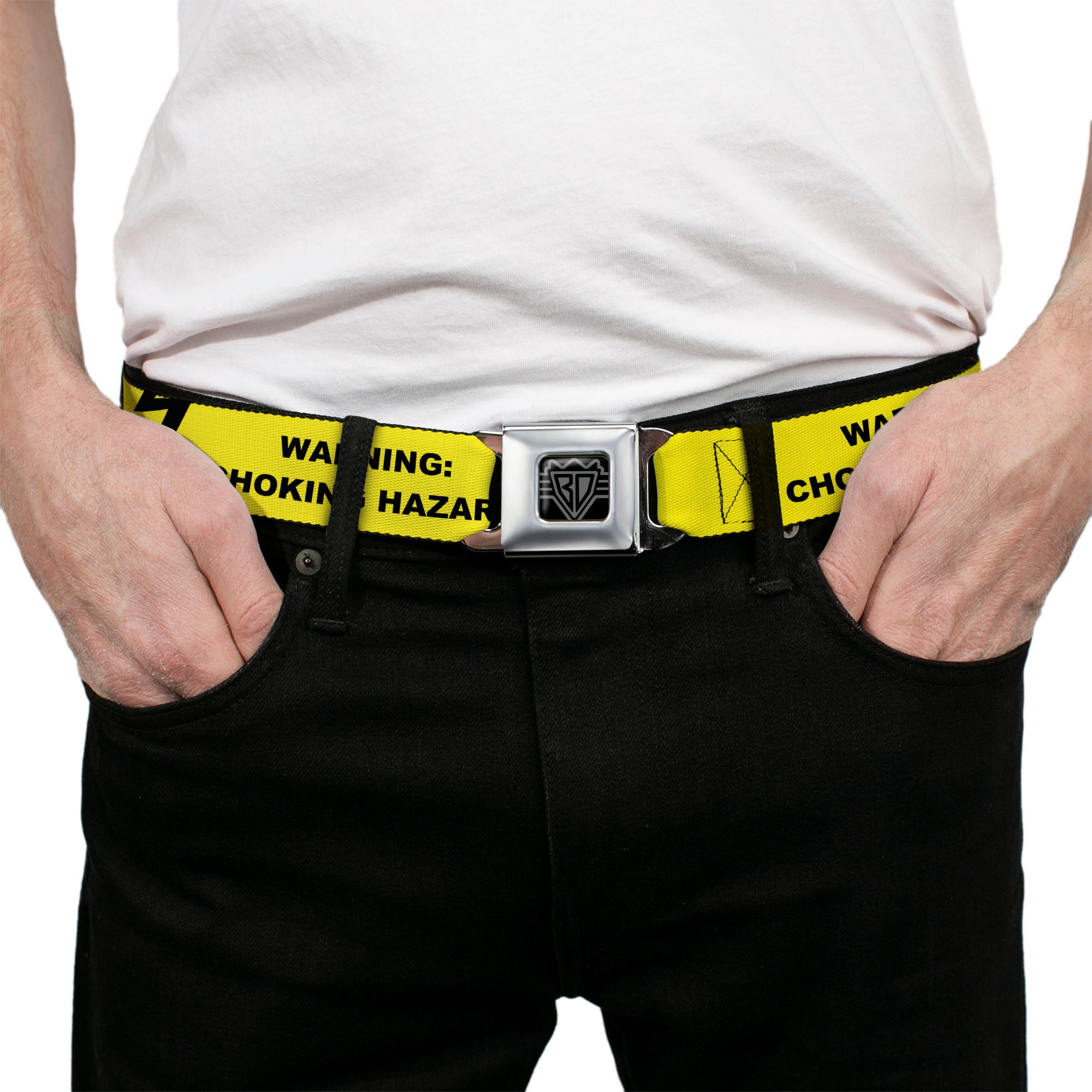 BD Wings Logo CLOSE-UP Black/Silver Seatbelt Belt - WARNING: CHOKING HAZARD Text Yellow/Black Webbing Seatbelt Belts Buckle-Down