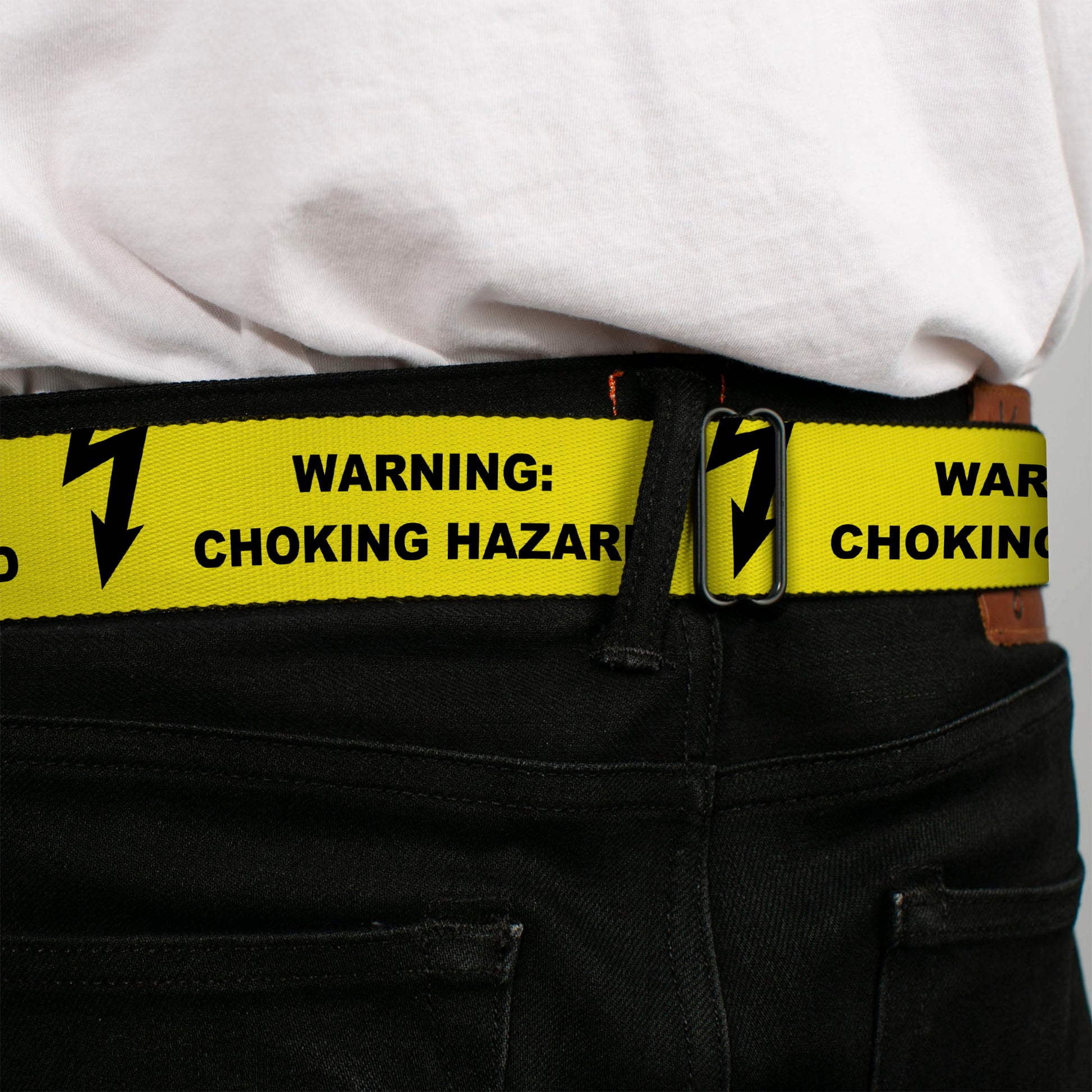 BD Wings Logo CLOSE-UP Black/Silver Seatbelt Belt - WARNING: CHOKING HAZARD Text Yellow/Black Webbing Seatbelt Belts Buckle-Down