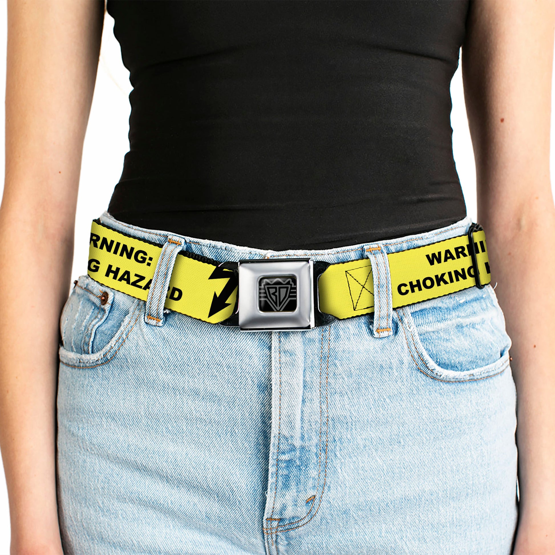 BD Wings Logo CLOSE-UP Black/Silver Seatbelt Belt - WARNING: CHOKING HAZARD Text Yellow/Black Webbing Seatbelt Belts Buckle-Down