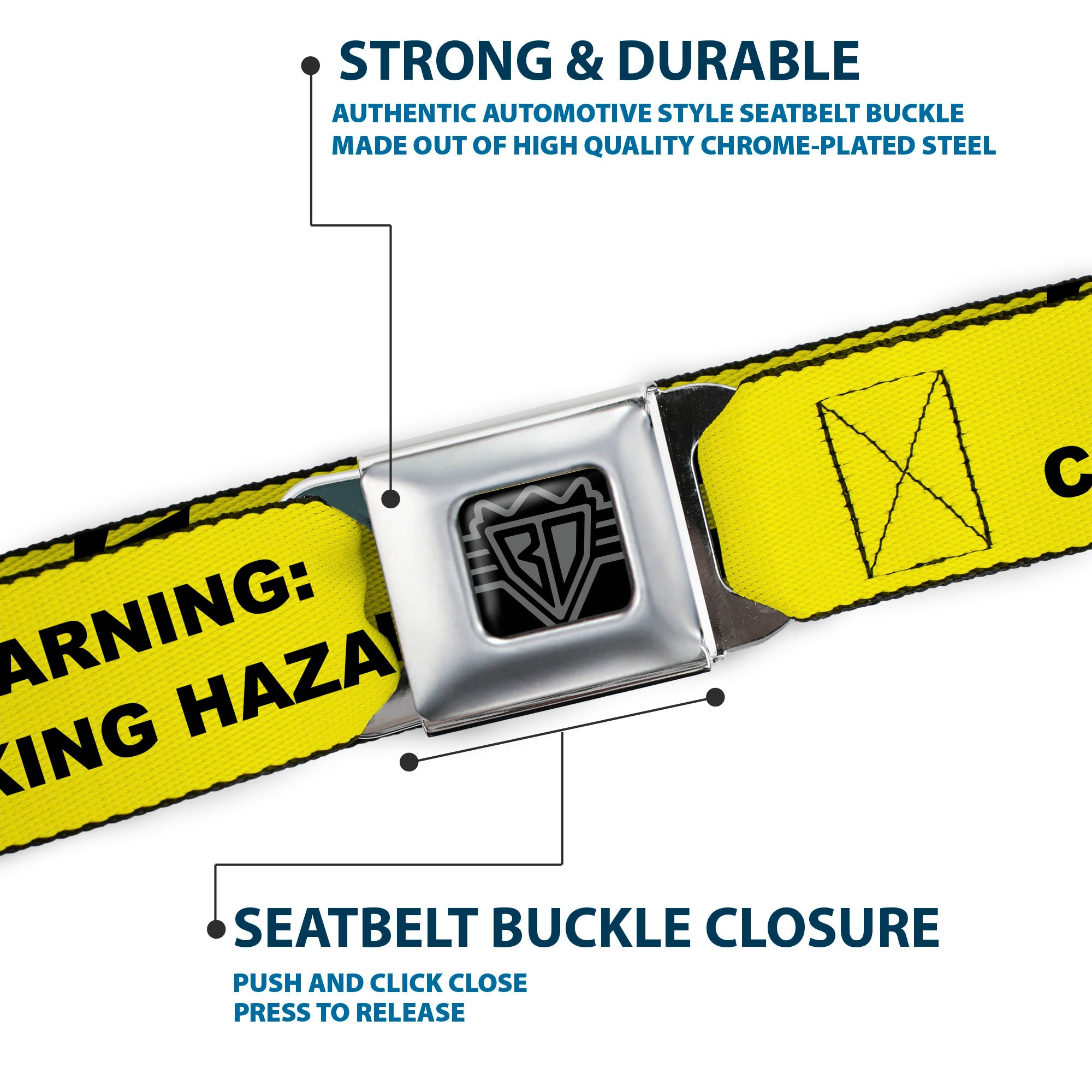 BD Wings Logo CLOSE-UP Black/Silver Seatbelt Belt - WARNING: CHOKING HAZARD Text Yellow/Black Webbing Seatbelt Belts Buckle-Down