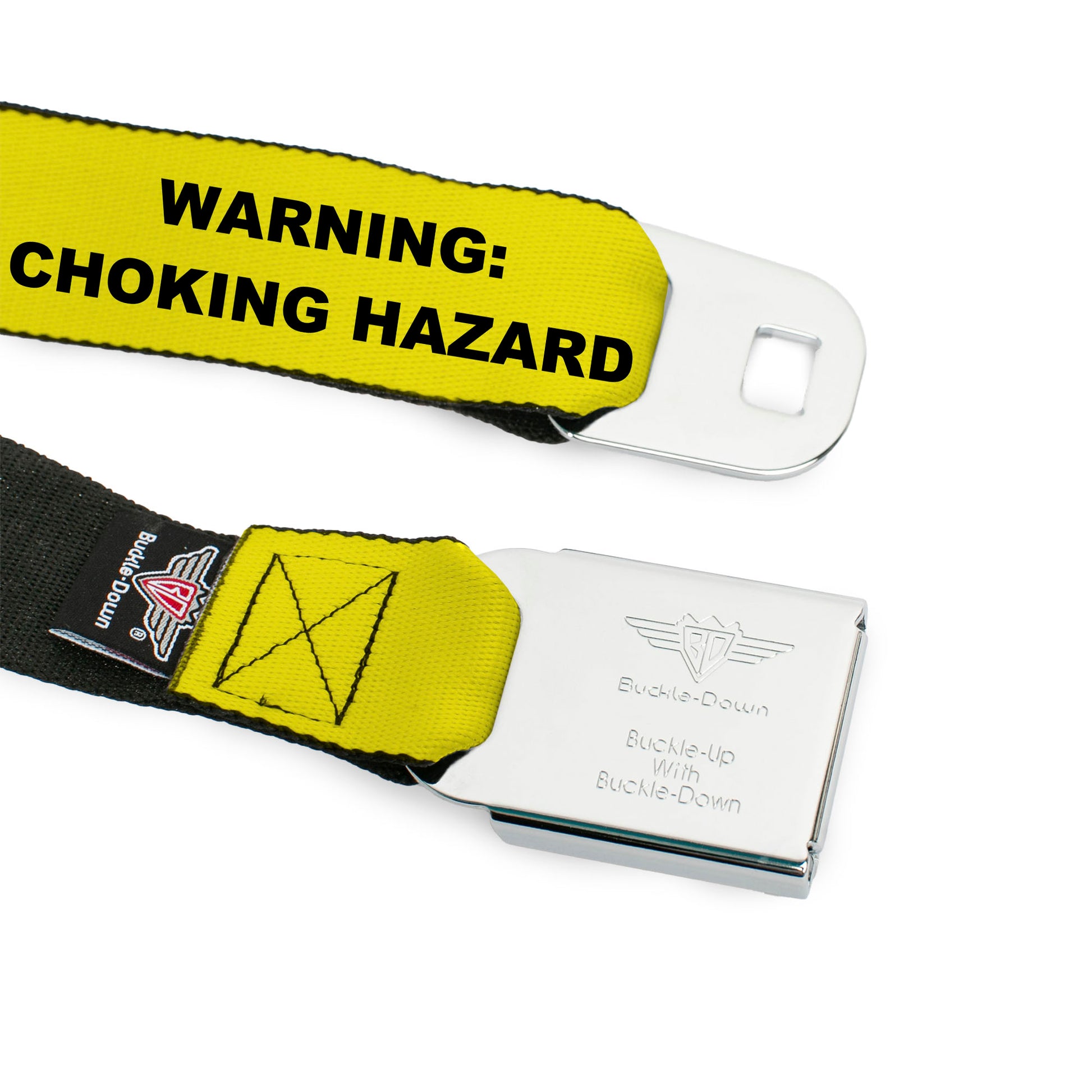 BD Wings Logo CLOSE-UP Black/Silver Seatbelt Belt - WARNING: CHOKING HAZARD Text Yellow/Black Webbing Seatbelt Belts Buckle-Down