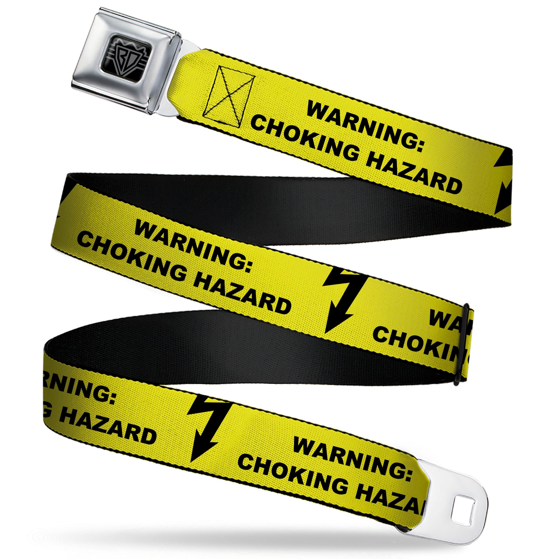 BD Wings Logo CLOSE-UP Black/Silver Seatbelt Belt - WARNING: CHOKING HAZARD Text Yellow/Black Webbing Seatbelt Belts Buckle-Down