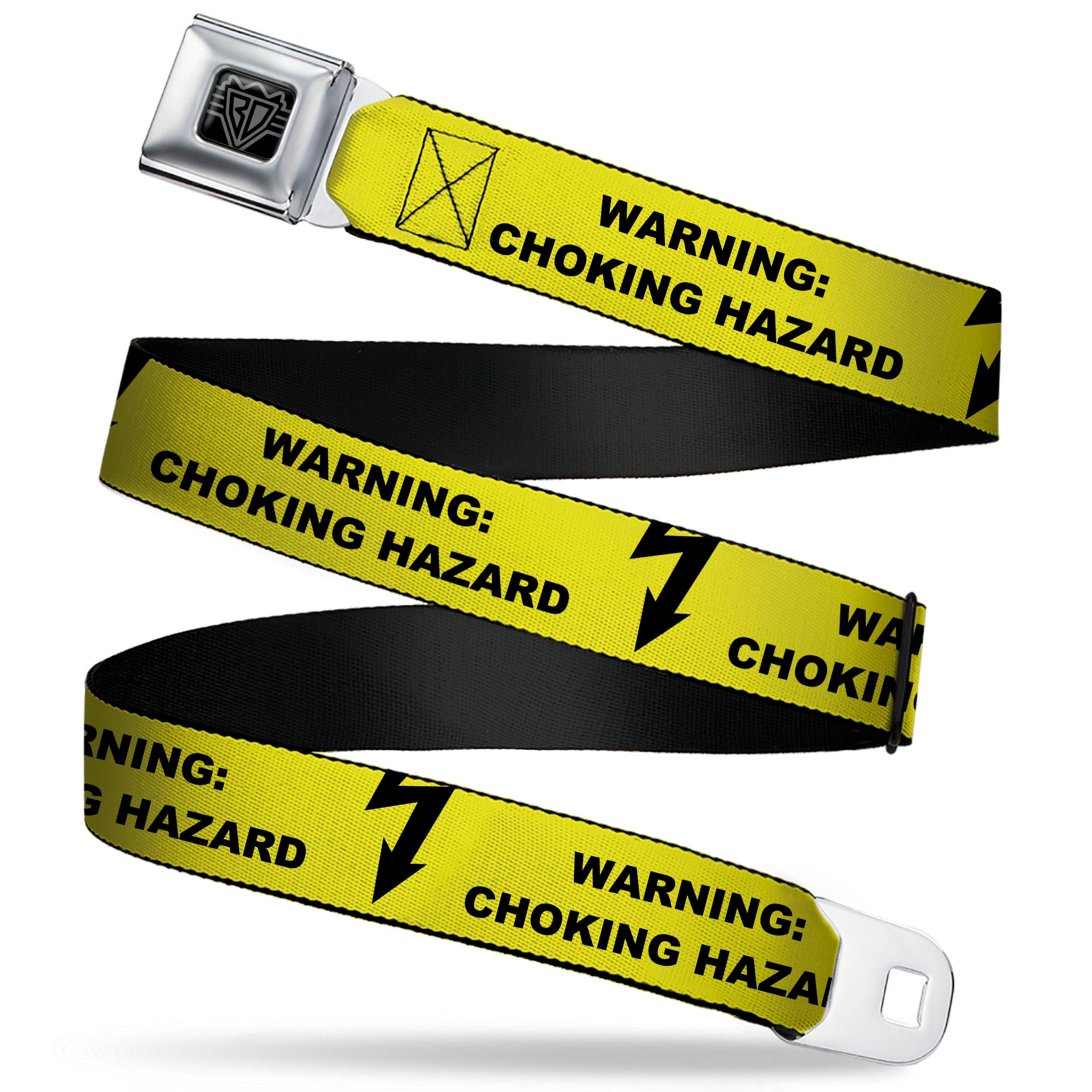 BD Wings Logo CLOSE-UP Black/Silver Seatbelt Belt - WARNING: CHOKING HAZARD Text Yellow/Black Webbing Seatbelt Belts Buckle-Down