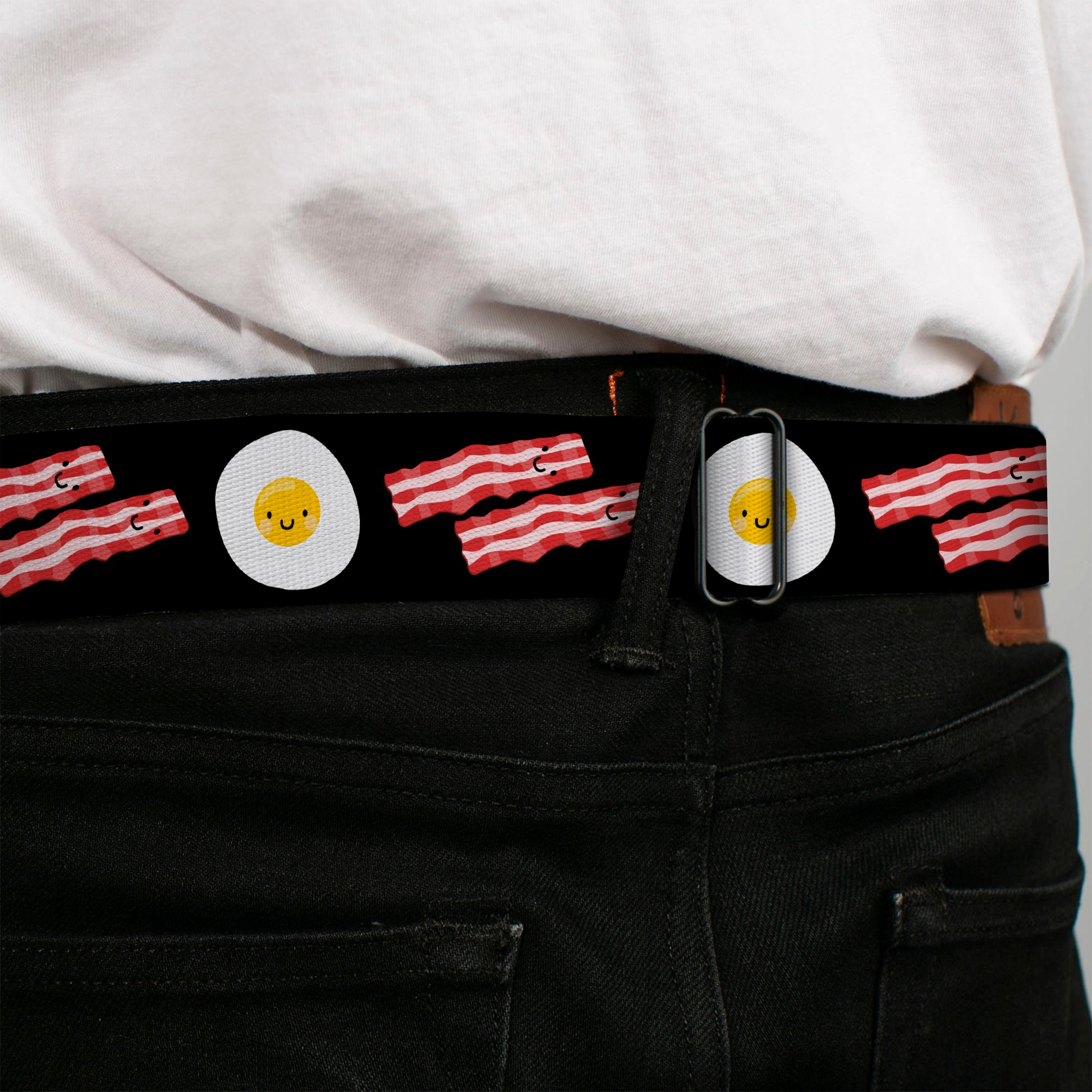 BD Wings Logo CLOSE-UP Full Color Black Silver Seatbelt Belt - Bacon & Eggs Black Webbing Seatbelt Belts Buckle-Down