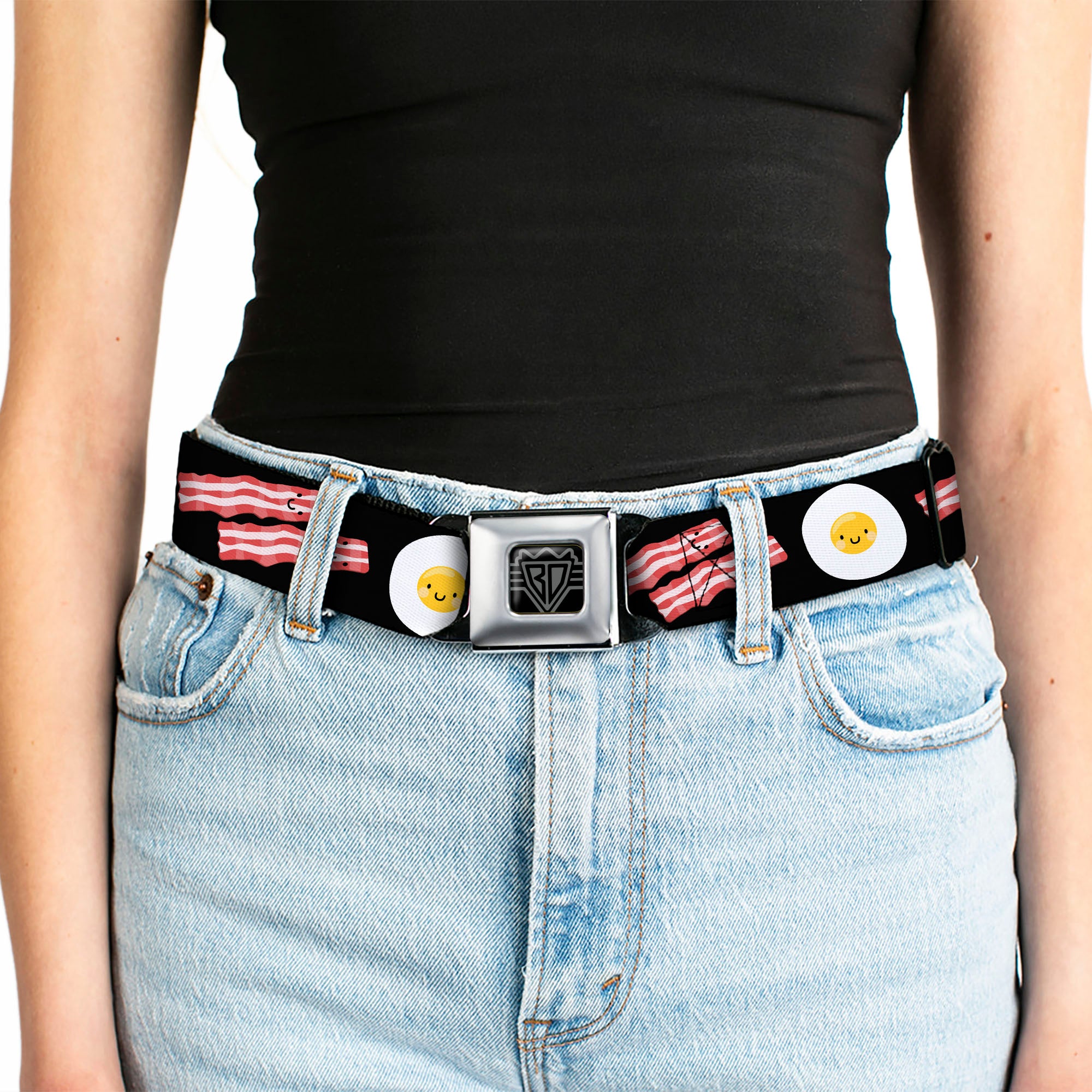 BD Wings Logo CLOSE-UP Full Color Black Silver Seatbelt Belt - Bacon & Eggs Black Webbing Seatbelt Belts Buckle-Down