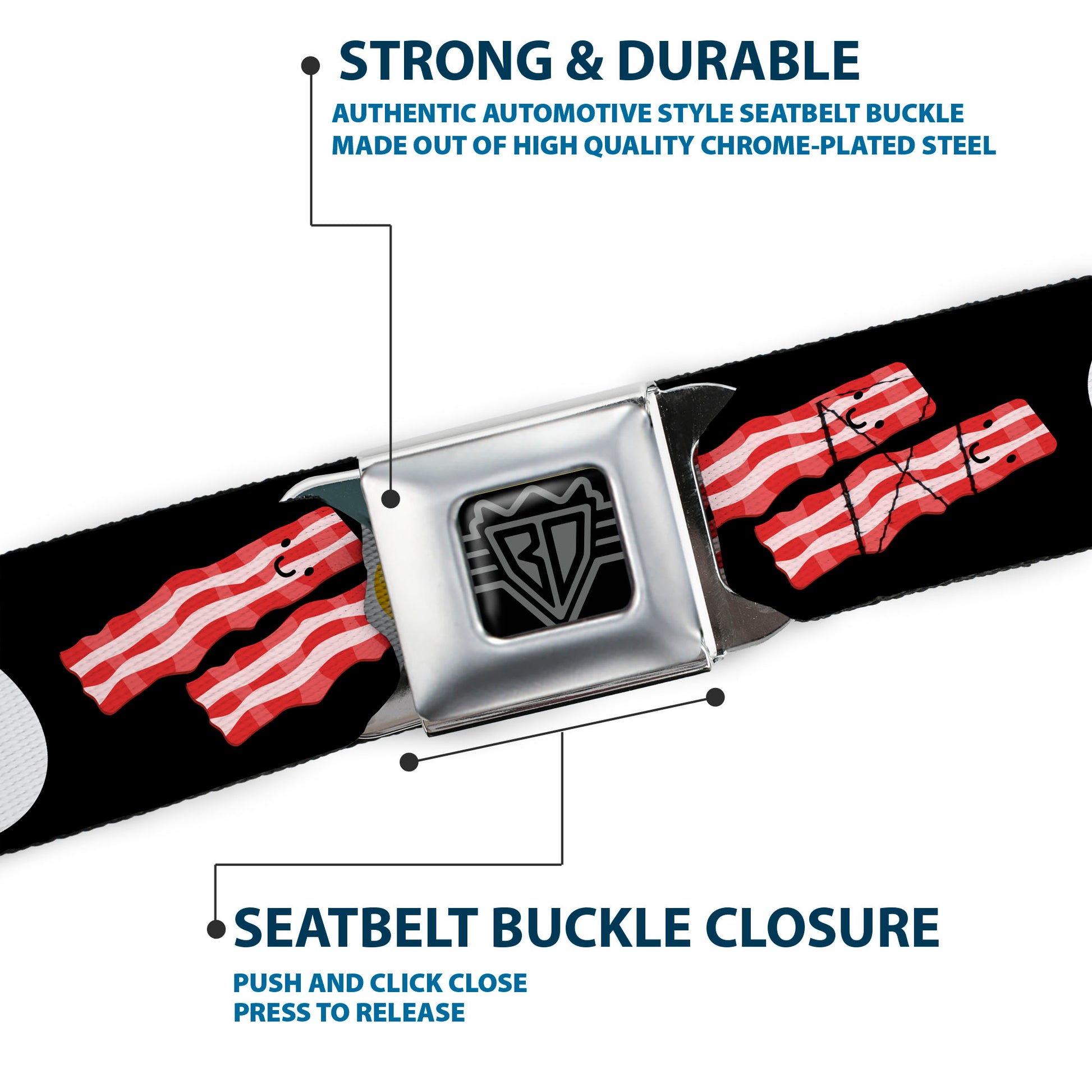BD Wings Logo CLOSE-UP Full Color Black Silver Seatbelt Belt - Bacon & Eggs Black Webbing Seatbelt Belts Buckle-Down