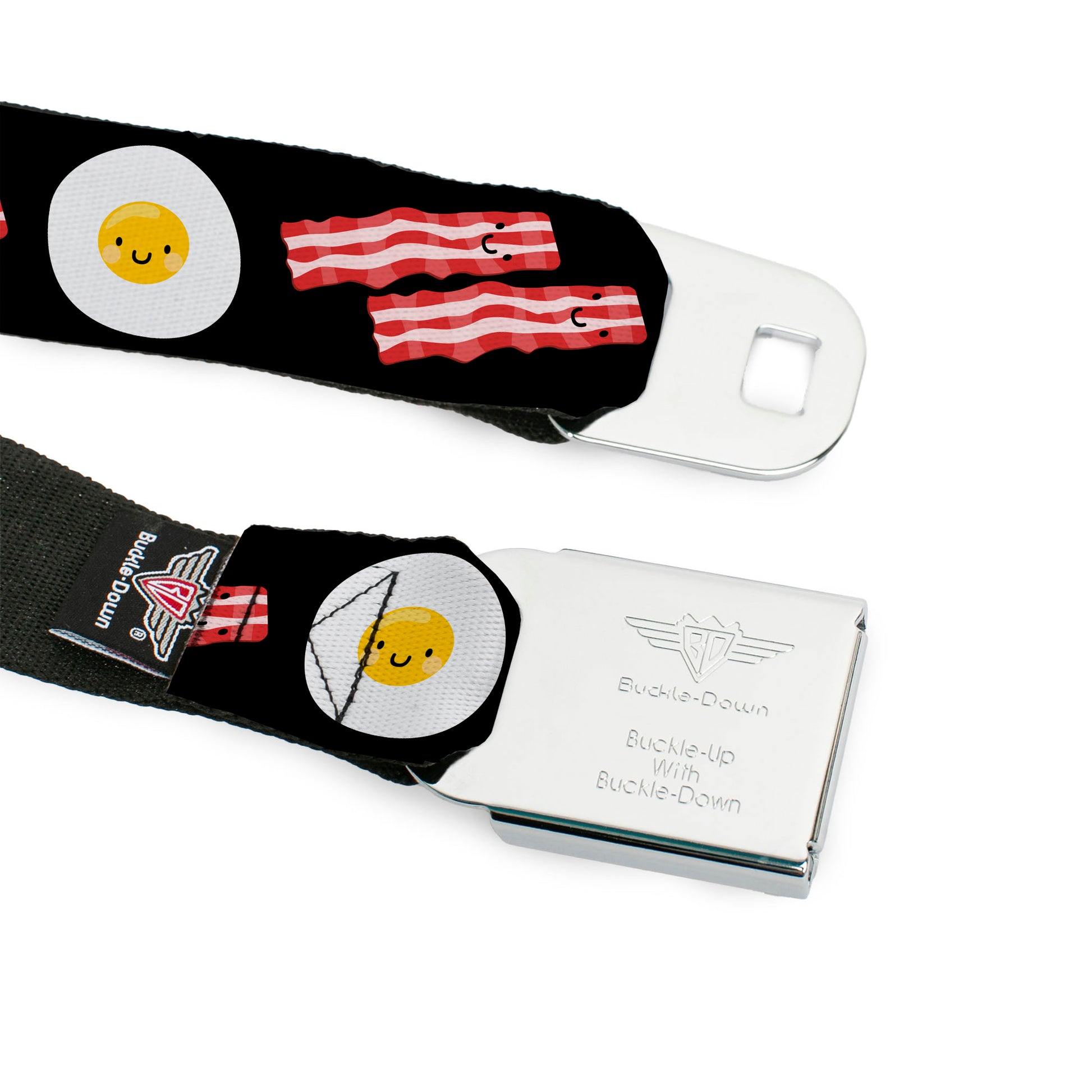 BD Wings Logo CLOSE-UP Full Color Black Silver Seatbelt Belt - Bacon & Eggs Black Webbing Seatbelt Belts Buckle-Down