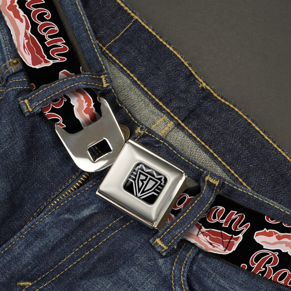 BD Wings Logo CLOSE-UP Full Color Black Silver Seatbelt Belt - BACON Baseball Script Webbing Seatbelt Belts Buckle-Down