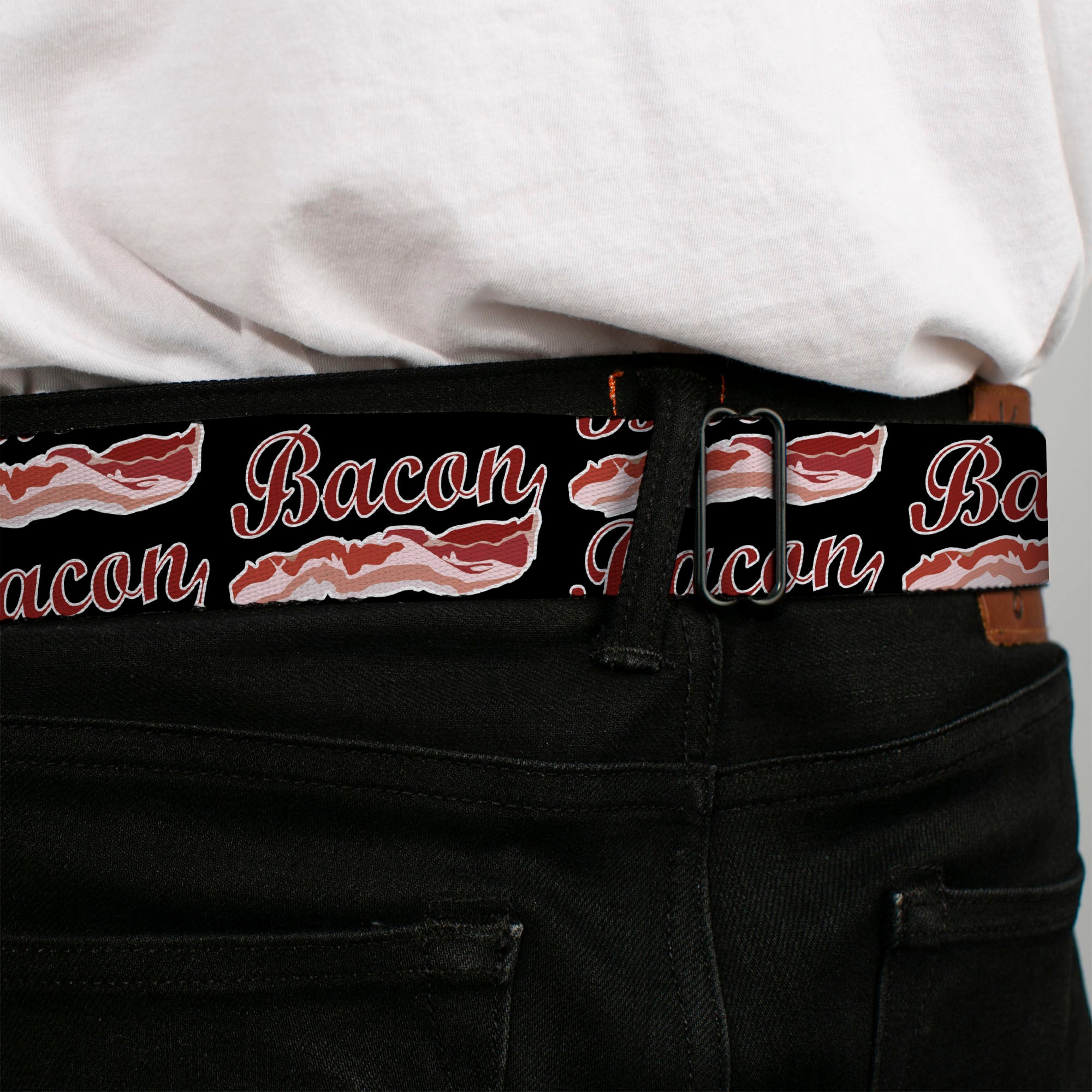 BD Wings Logo CLOSE-UP Full Color Black Silver Seatbelt Belt - BACON Baseball Script Webbing Seatbelt Belts Buckle-Down