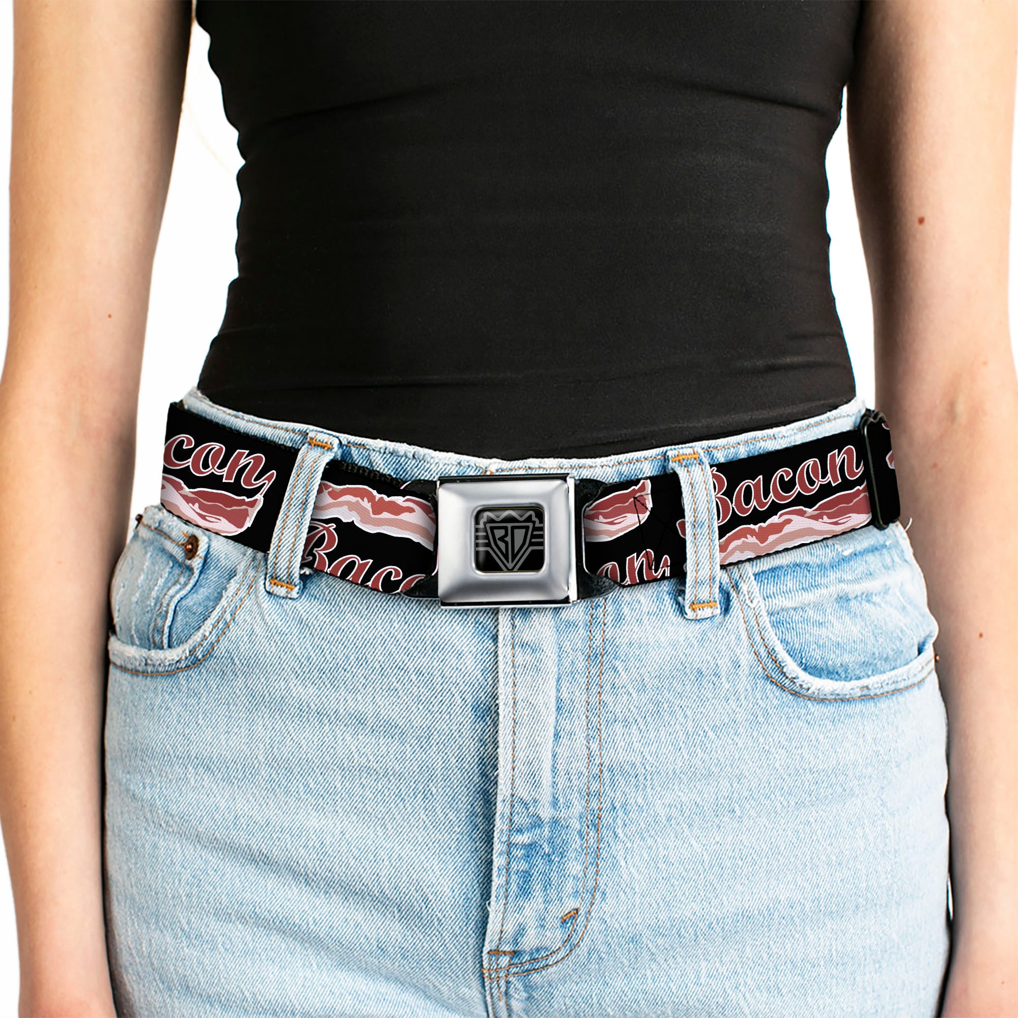 BD Wings Logo CLOSE-UP Full Color Black Silver Seatbelt Belt - BACON Baseball Script Webbing Seatbelt Belts Buckle-Down