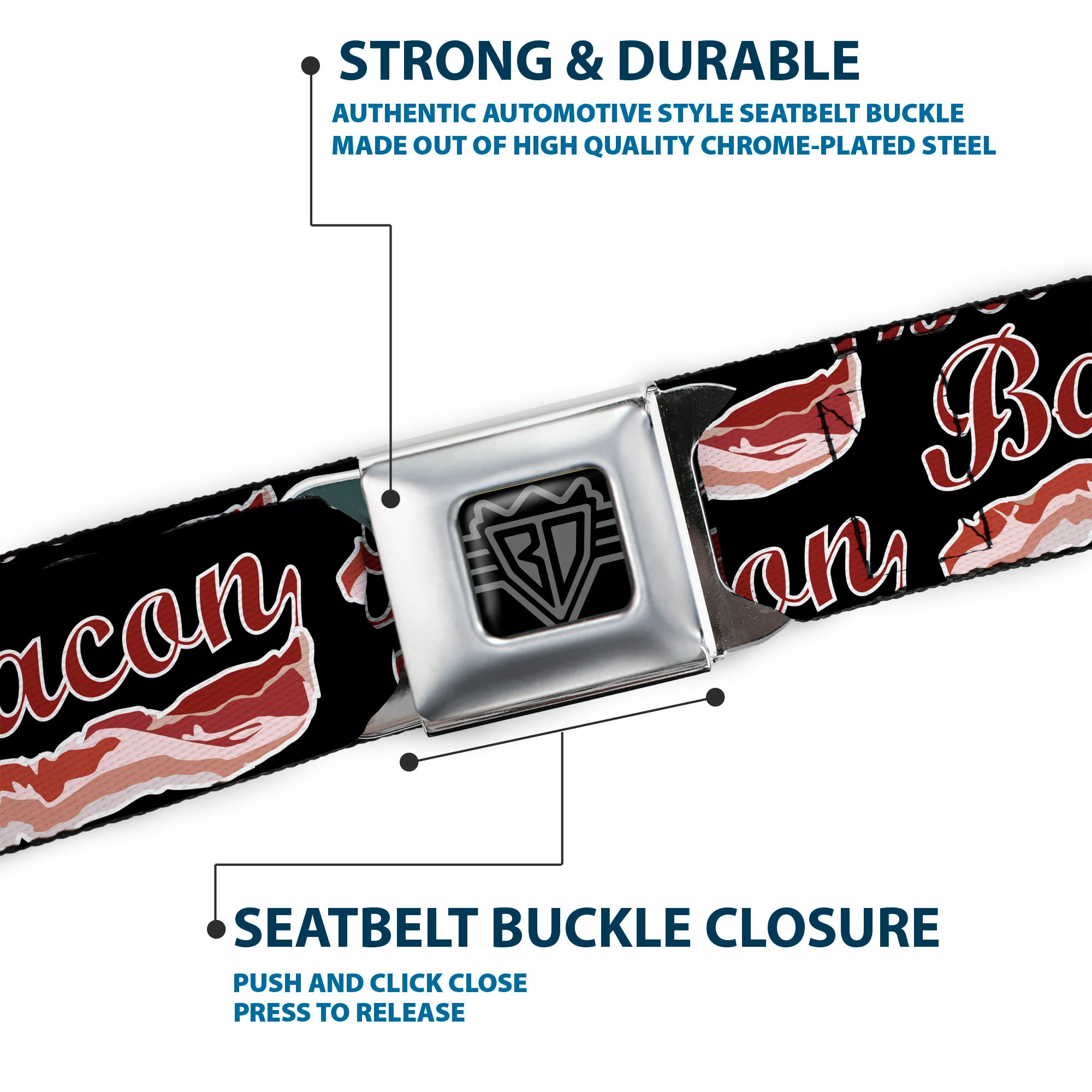 BD Wings Logo CLOSE-UP Full Color Black Silver Seatbelt Belt - BACON Baseball Script Webbing Seatbelt Belts Buckle-Down