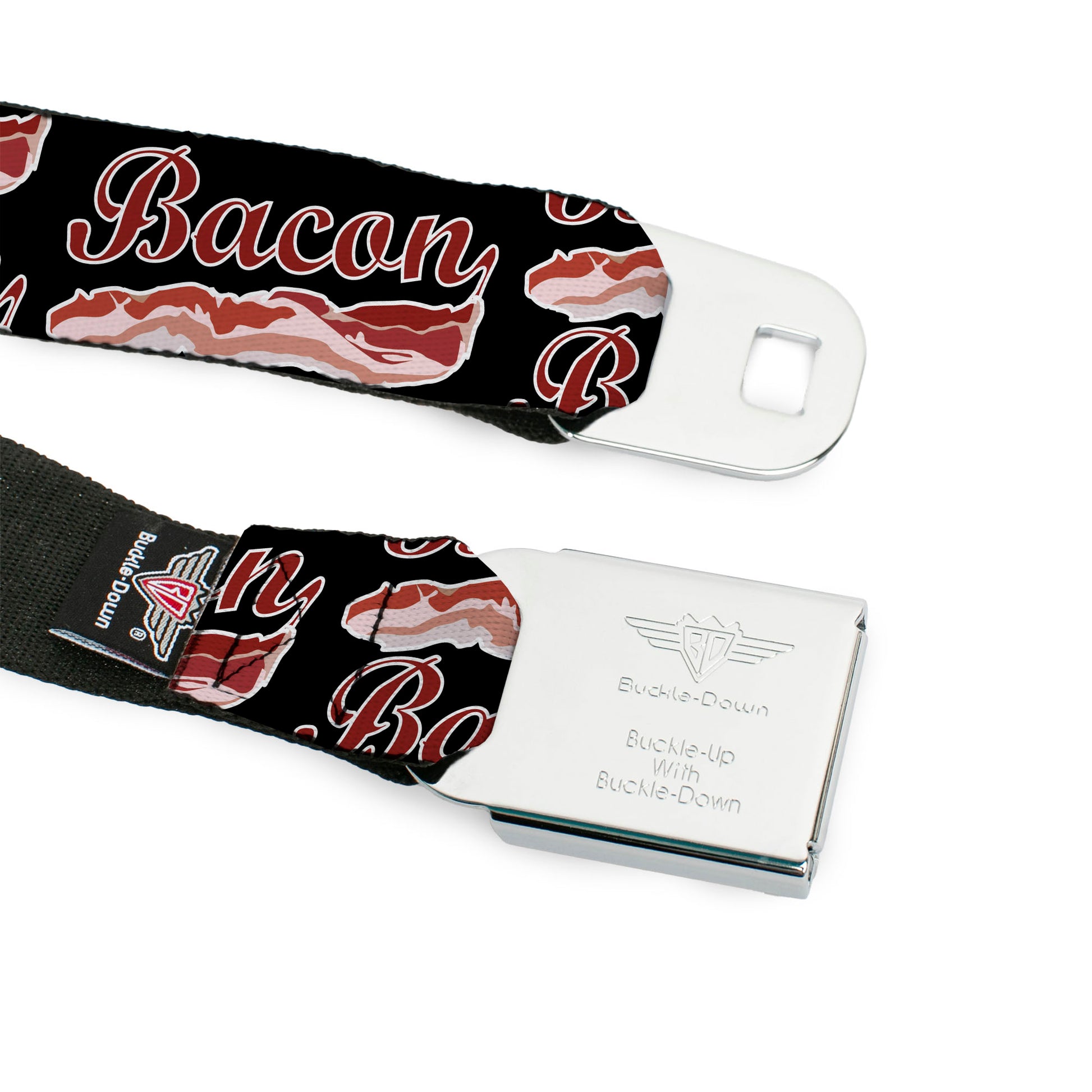 BD Wings Logo CLOSE-UP Full Color Black Silver Seatbelt Belt - BACON Baseball Script Webbing Seatbelt Belts Buckle-Down