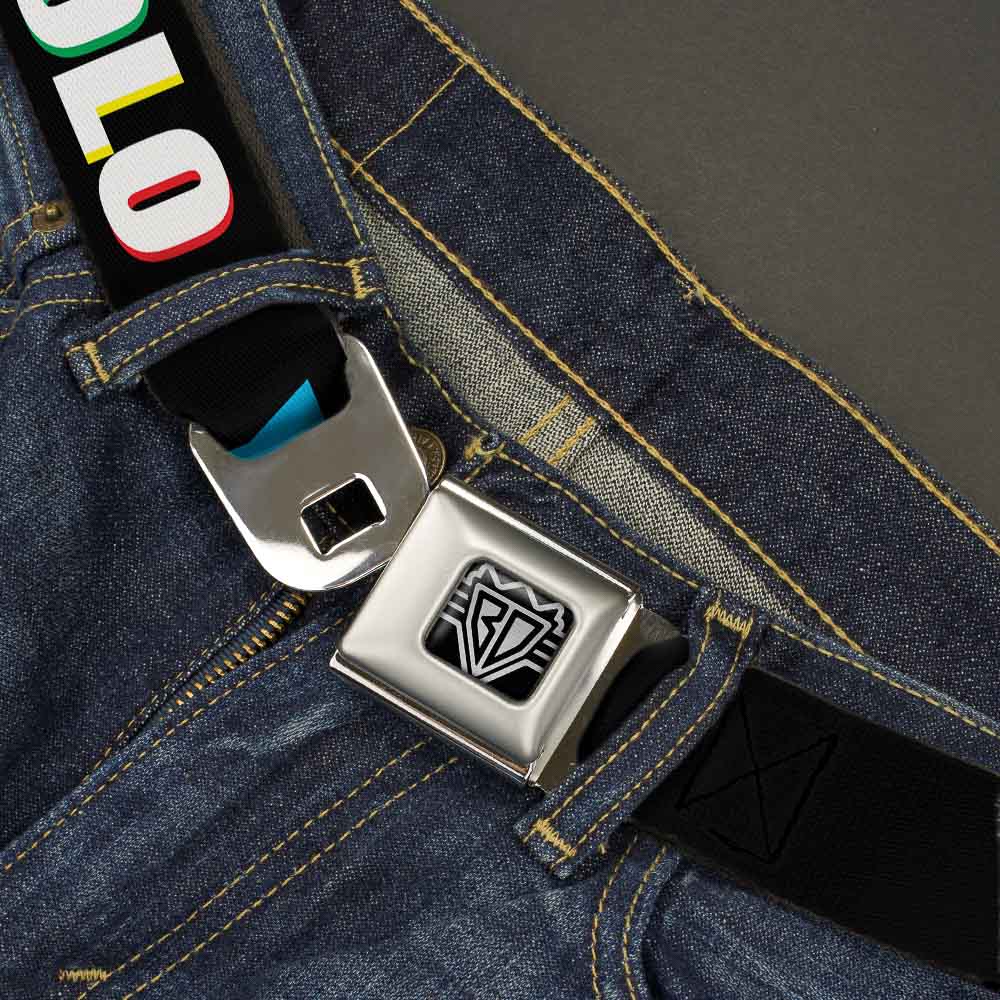 BD Wings Logo CLOSE-UP Full Color Black Silver Seatbelt Belt - YOLO Black/Multi Color Webbing Seatbelt Belts Buckle-Down