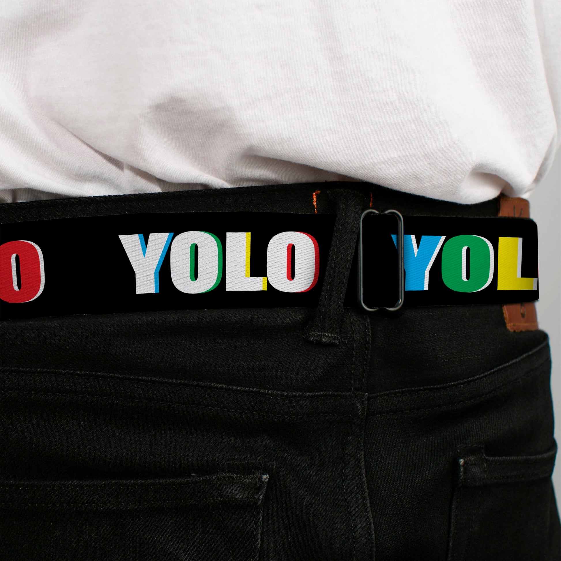 BD Wings Logo CLOSE-UP Full Color Black Silver Seatbelt Belt - YOLO Black/Multi Color Webbing Seatbelt Belts Buckle-Down