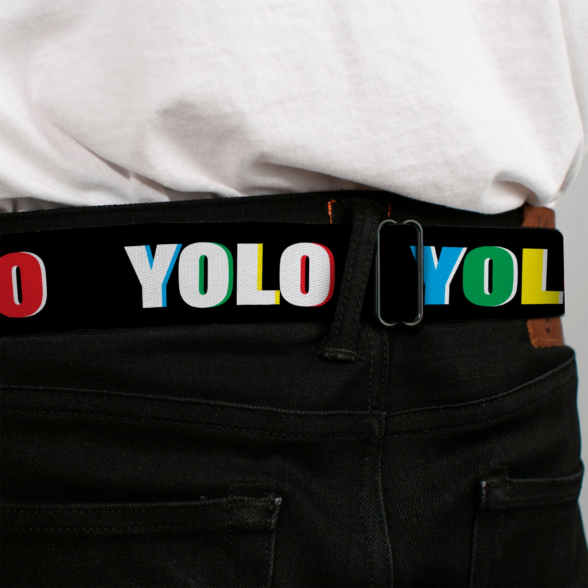 BD Wings Logo CLOSE-UP Full Color Black Silver Seatbelt Belt - YOLO Black/Multi Color Webbing Seatbelt Belts Buckle-Down
