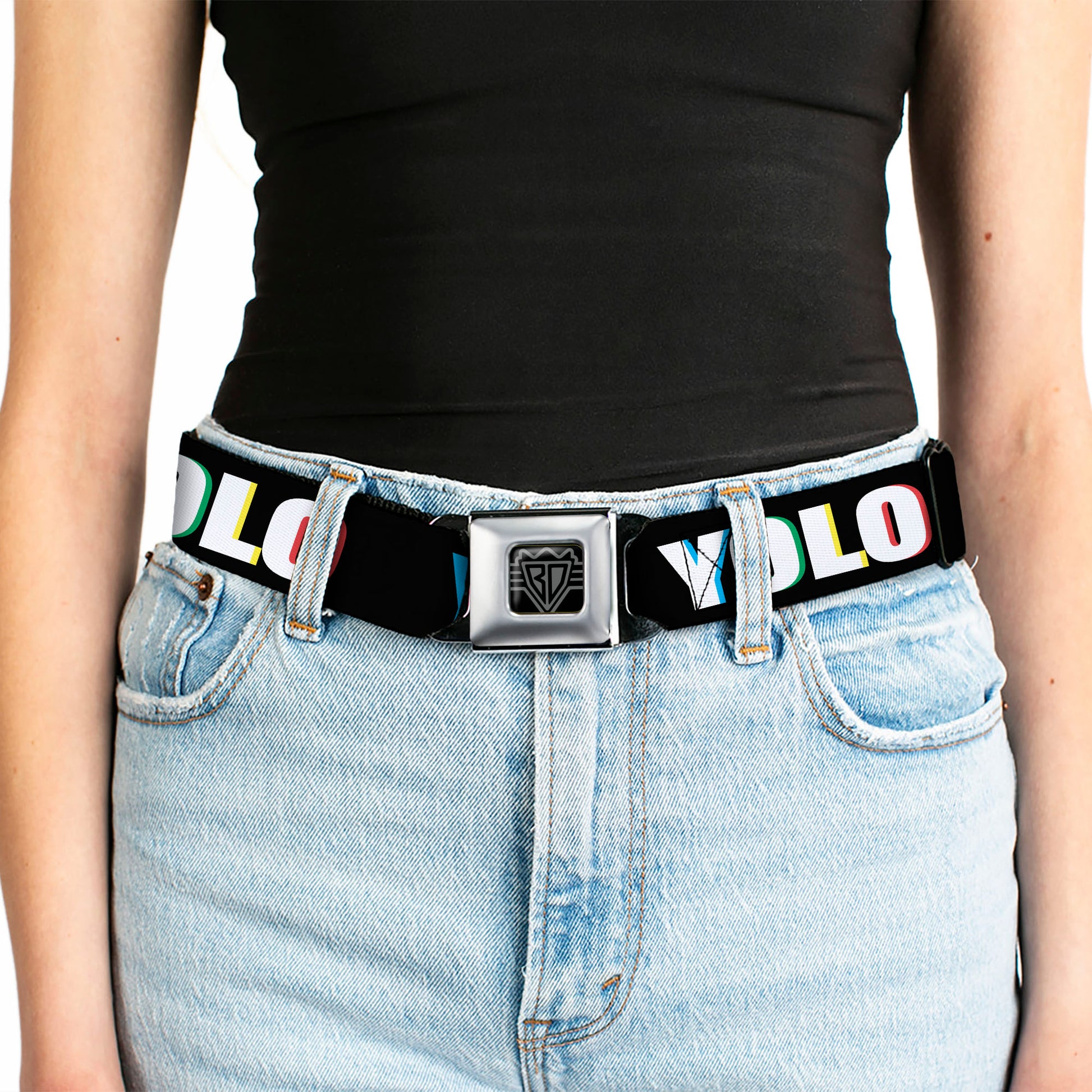 BD Wings Logo CLOSE-UP Full Color Black Silver Seatbelt Belt - YOLO Black/Multi Color Webbing Seatbelt Belts Buckle-Down