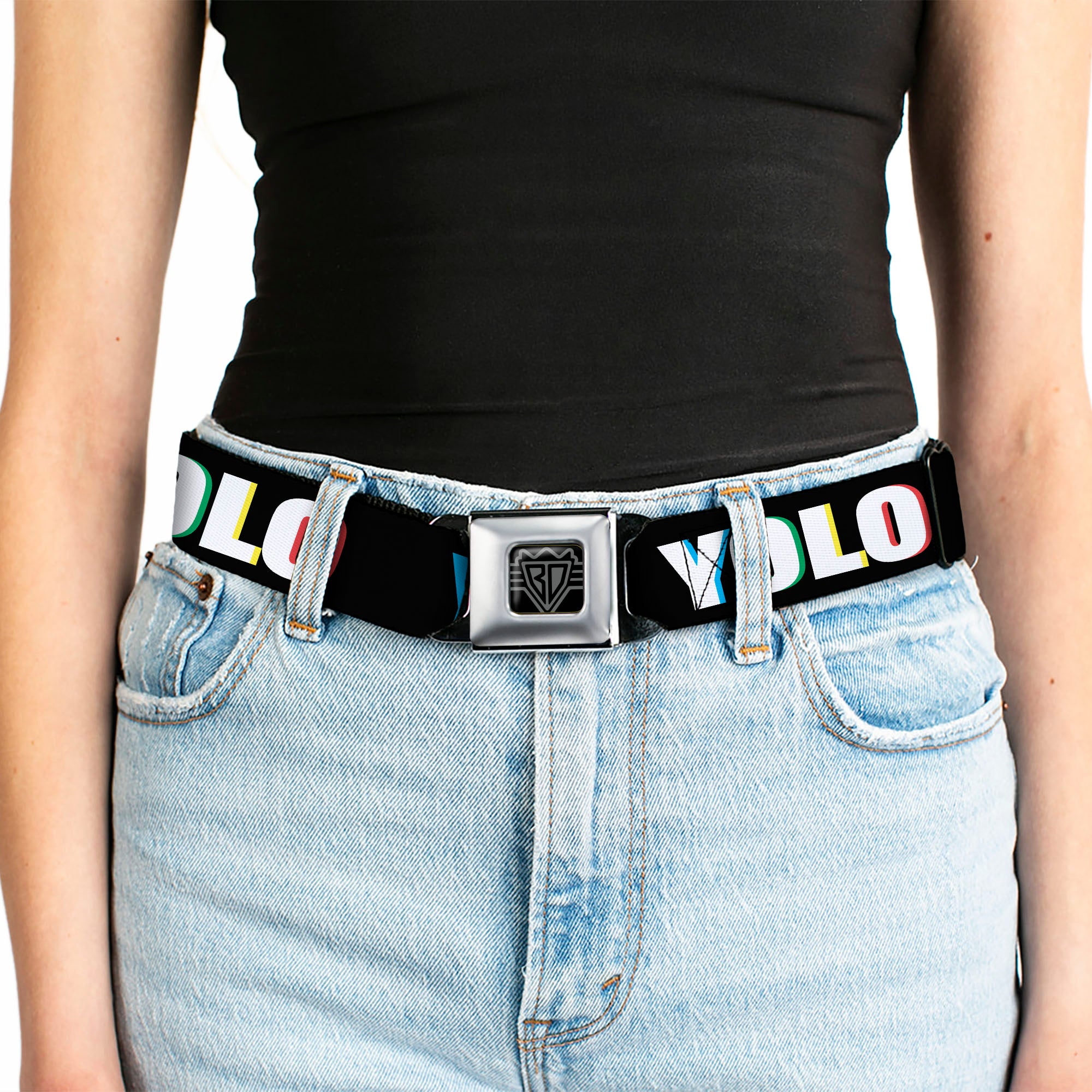 BD Wings Logo CLOSE-UP Full Color Black Silver Seatbelt Belt - YOLO Black/Multi Color Webbing Seatbelt Belts Buckle-Down