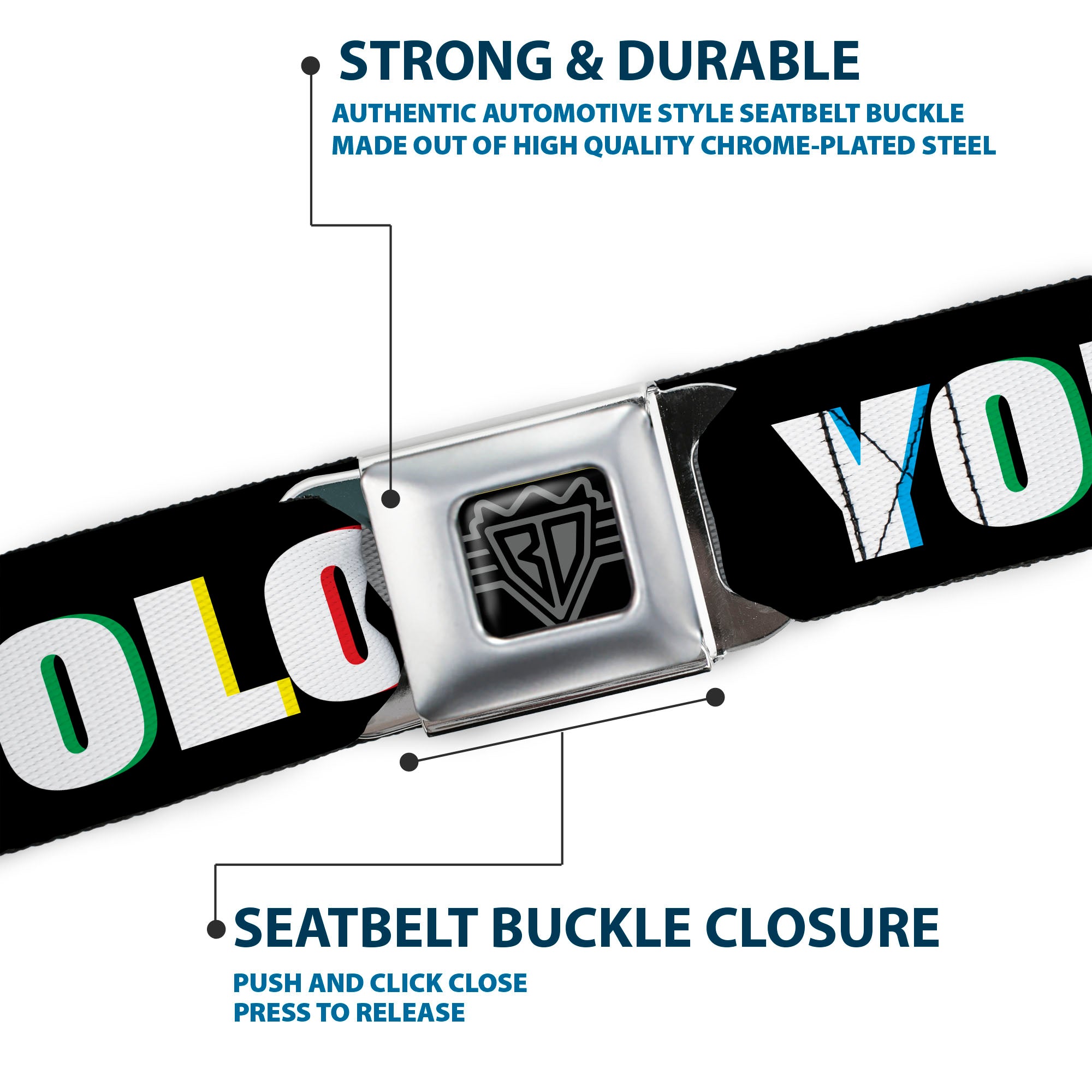 BD Wings Logo CLOSE-UP Full Color Black Silver Seatbelt Belt - YOLO Black/Multi Color Webbing Seatbelt Belts Buckle-Down