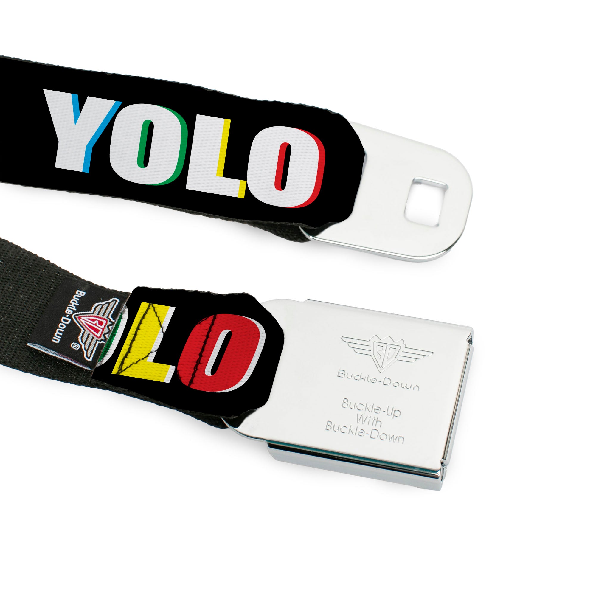 BD Wings Logo CLOSE-UP Full Color Black Silver Seatbelt Belt - YOLO Black/Multi Color Webbing Seatbelt Belts Buckle-Down